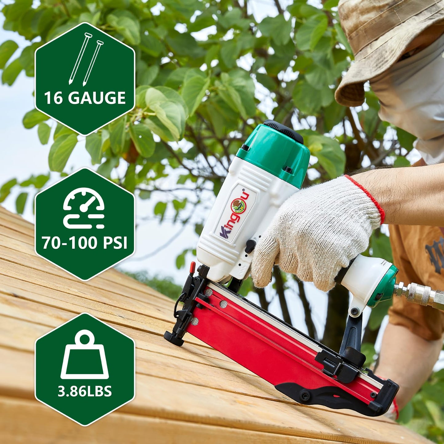 Kingou NT65-F Mexican Style 16 Gauge Pneumatic Finish Nailer, Lightweight 3.8lbs Pro Finish Nail Gun with 1″ to 2-1/2″ Finish Nails, Ideal for Molding, Chair Rail, Cabinetry and Trim Work