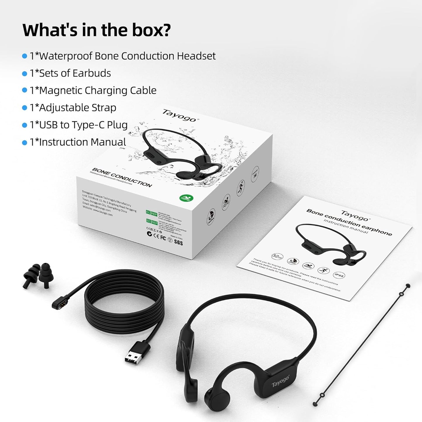 32GB MP3 Swimming IPX8 Swimming Headset 8-Hour Tayogo Waterproof Player for Laps | Bone Conduction Headphones |
