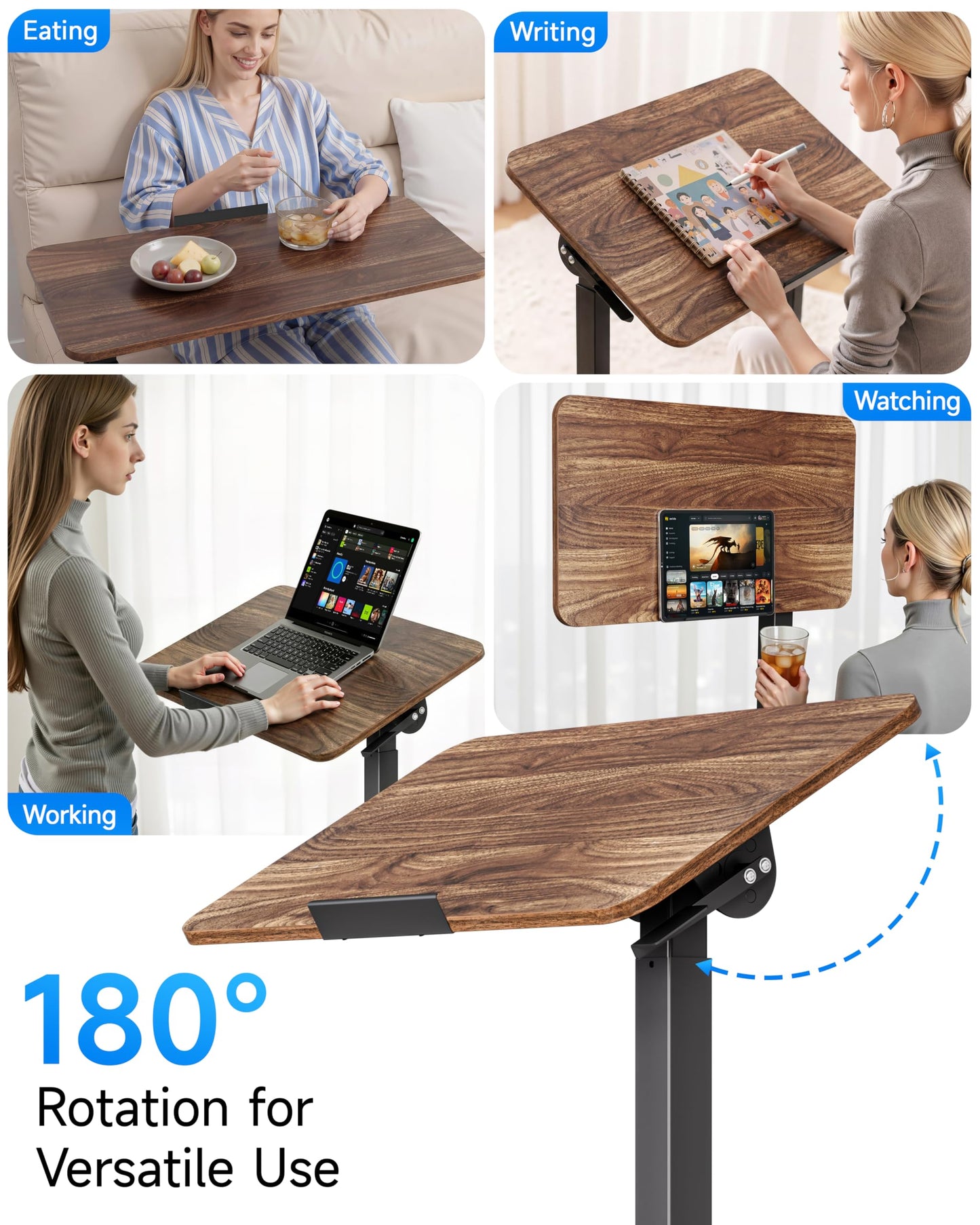 BIZUM Mobile Standing Desk Laptop Desk Pneumatic with Wheels 180° Tilt Top Hospital Bed Table Portable Rolling Cart Foldable Bedside Table for Hospital&Home Use, Walnut