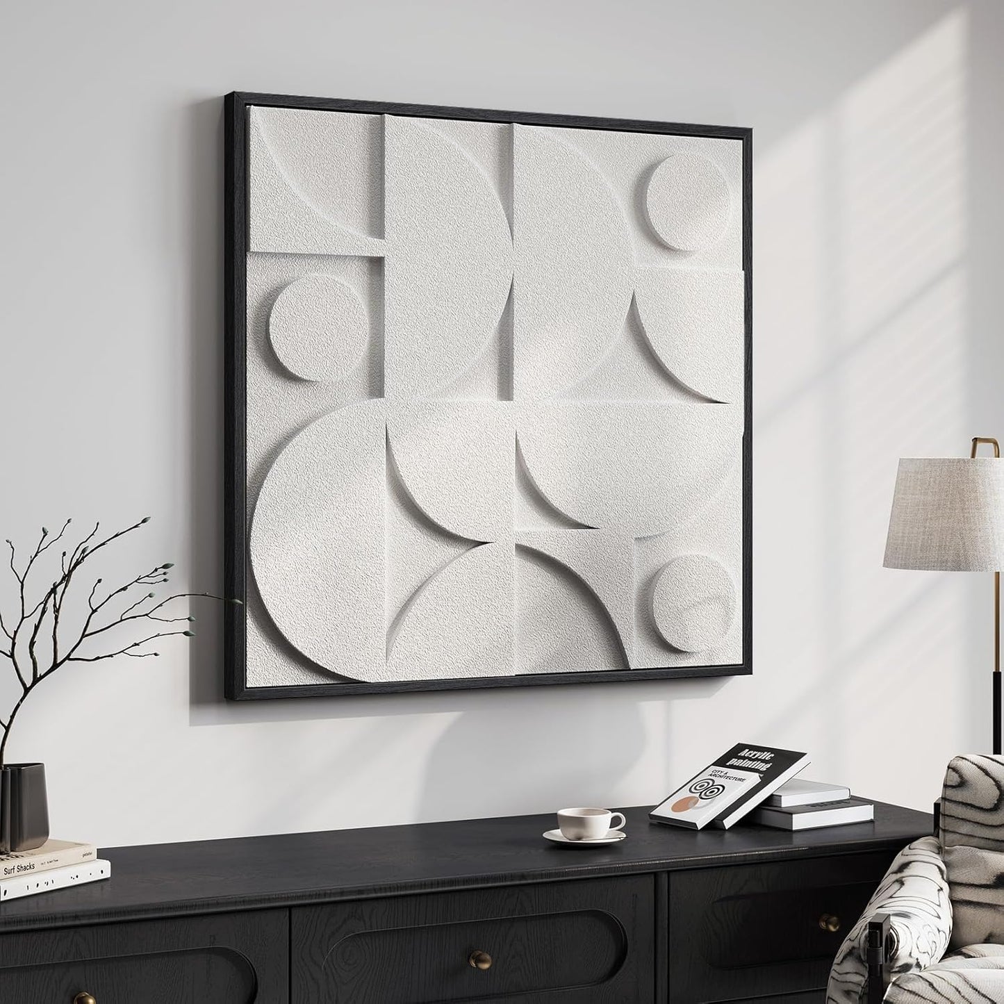 Regine Switzerland Large 3D Textured Framed White Abstract Wall Art - Modern Geometric Design 30x30 In