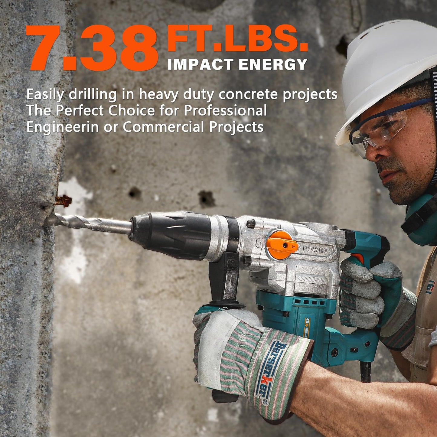 Berserker 1-9/16" SDS-Max Heavy Duty Rotary Hammer Drill with 3 pc. SDS Max Chisel Set with Point Chisel, Flat Chisel & Scaling Chisel, Masonry Concrete Tile Removal Bits