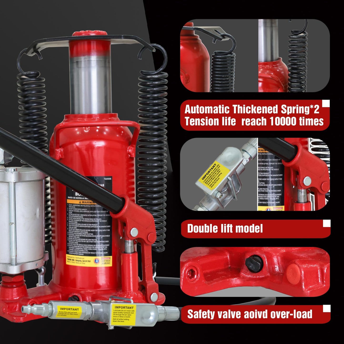 Big RED TQ20006-1 Torin Welded Pneumatic Air Hydraulic Car Bottle Jack: Aluminum Alloy Pump and Special Slow Release Equipment for Auto Repair and House Lift, 20 Ton (40,000 LBs) Capacity, Red