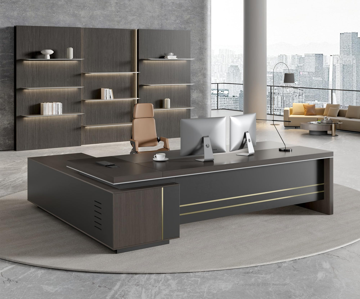 87" Reversible L-Shaped Executive Desk with Drawers, Modern Large Office Desk with Open Shelves, Ventilated CPU Compartment, Built-in Outlet & USB Ports – Home Office Desk (87"L x 69"W x 30"H)