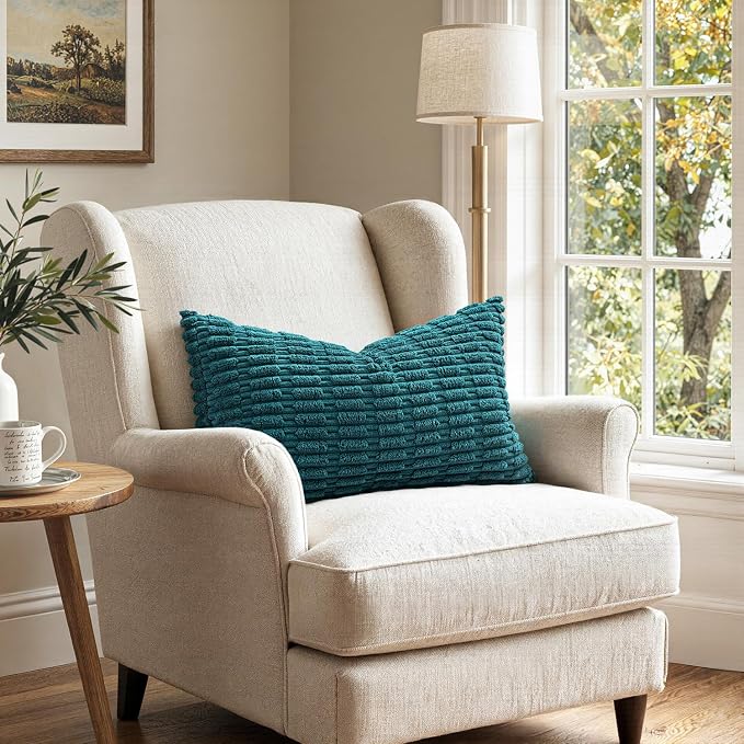 MIULEE Pack of 2 Corduroy Decorative Lumbar Throw Pillow Covers 20x12 Inch Soft Boho Striped Pillow Covers Modern Farmhouse Home Decor for Summer Coastal Sofa Living Room Couch Bed Teal