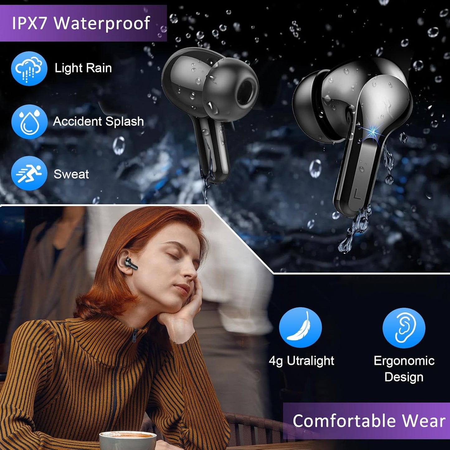 5.4 40H IP7 Wireless Earbuds, Bluetooth Headphones HiFi Stereo Ear buds with ENC Noise Cancelling Mic, Bluetooth