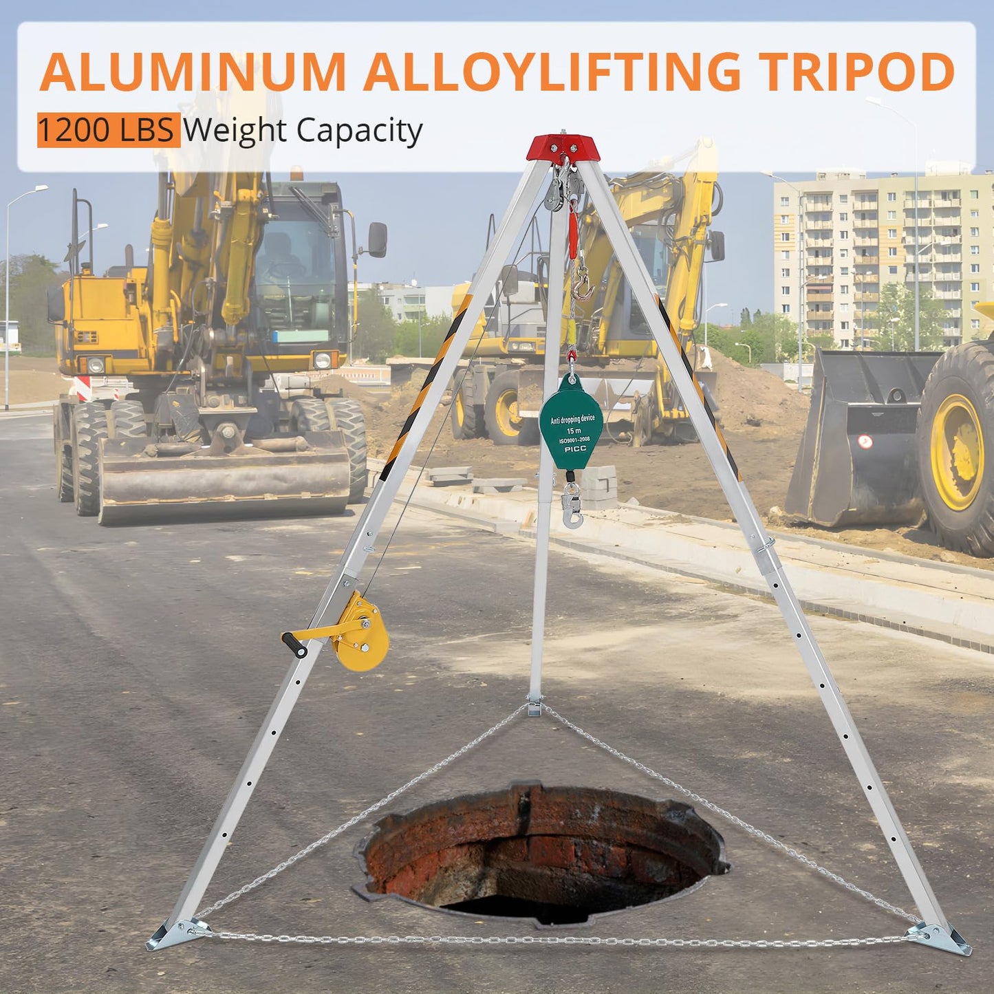 Confined Space Tripod Rescue System, 1200 LB Winch Space Tripod Kit with Self-Locking Safety, Adjustable Legs & 49 Ft Cable for Well, Sewer