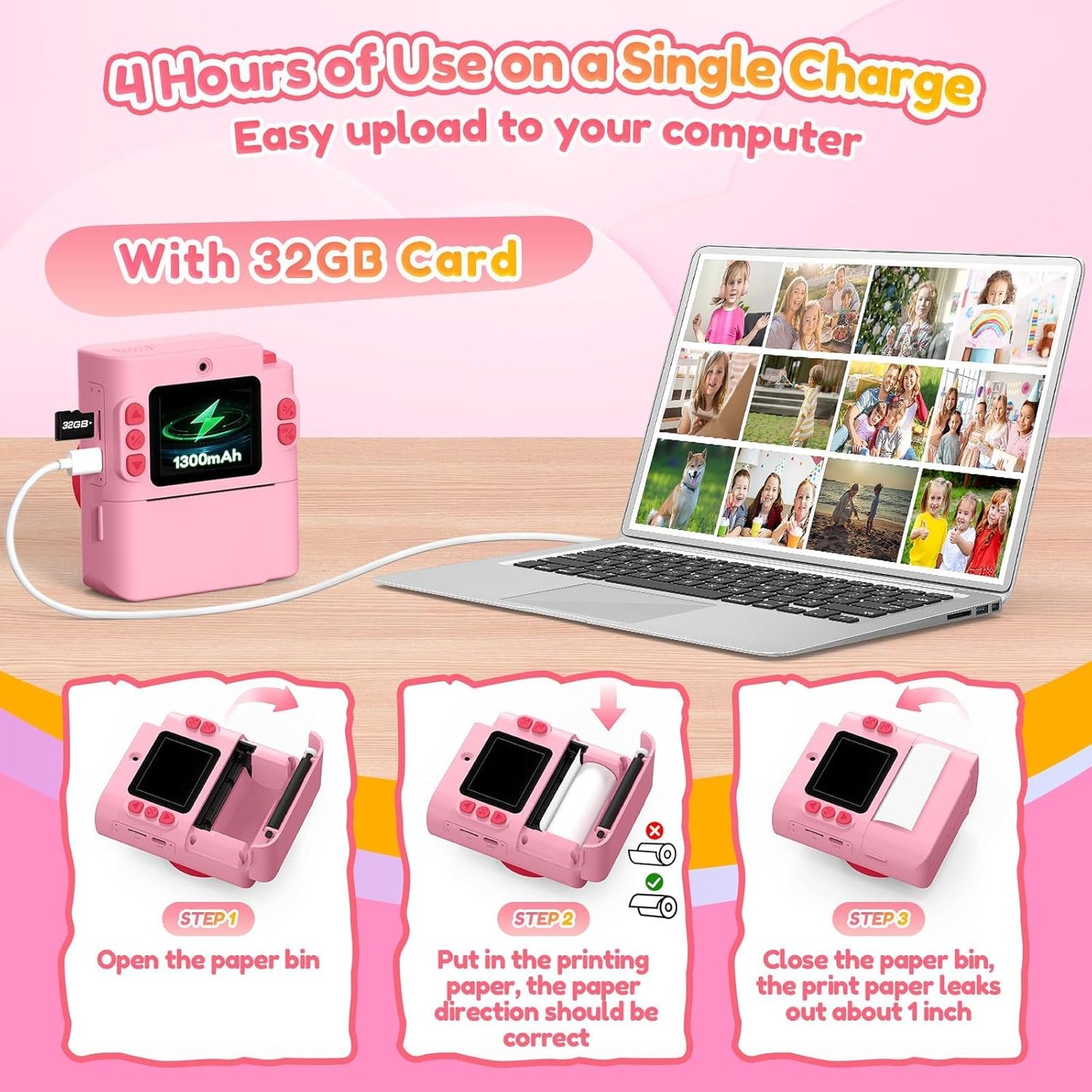 Yunaking 3-12 3 4 5 6 7 8 9 10 32G Gift for Girls Kids Camera: Instant Print Dual Lens Digital Camera Toys for Girl