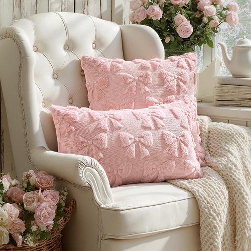 MIULEE Light Pink Bow Pillow Covers - Soft Plush Decorative Set of 2 for Coquette Room Decor | 18x18 Inch