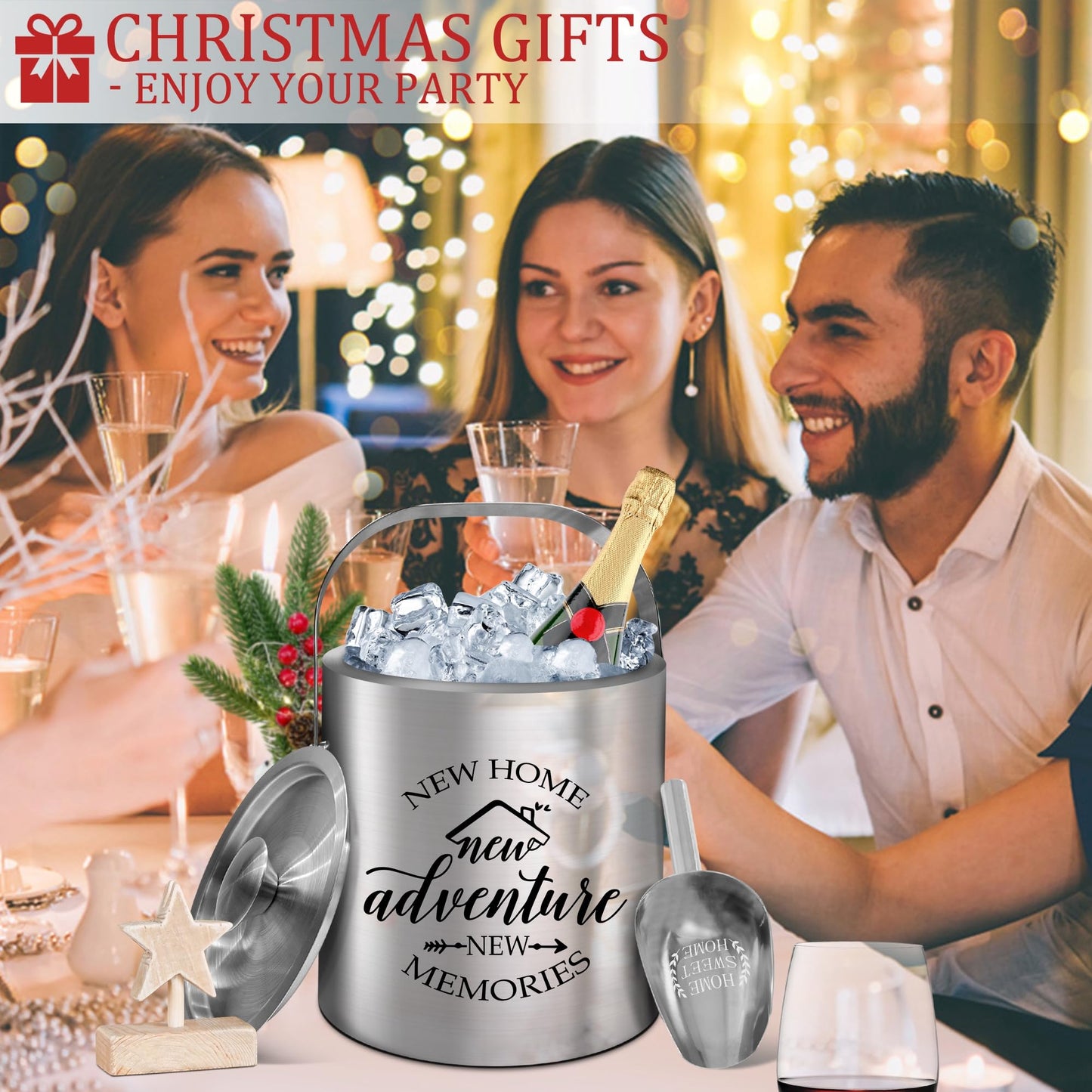 House Warming Gifts New Home, Housewarming Gifts for New House, Best Housewarming Gifts 2025, Stainless Steel Ice Bucket with Lid, Wine Chiller with Handle and Scoop