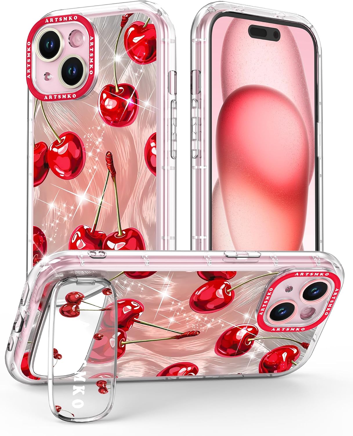 ARTSMKO 11, (11) Super Shiny Cute Red Cherry Phone Case: Fashion Mirror Bracket & Fruit Design Compatible with iPhone