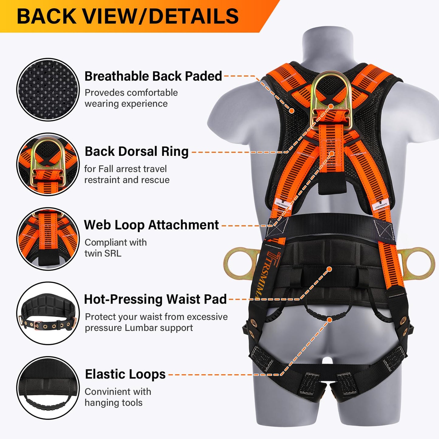 Trsmima Safety Harness Fall Protection - Roof Full Body Harness Men Construction Work Ergonomic Pad Safety Belt Tongue Leg Buckle Quick Connected Chest Buckle