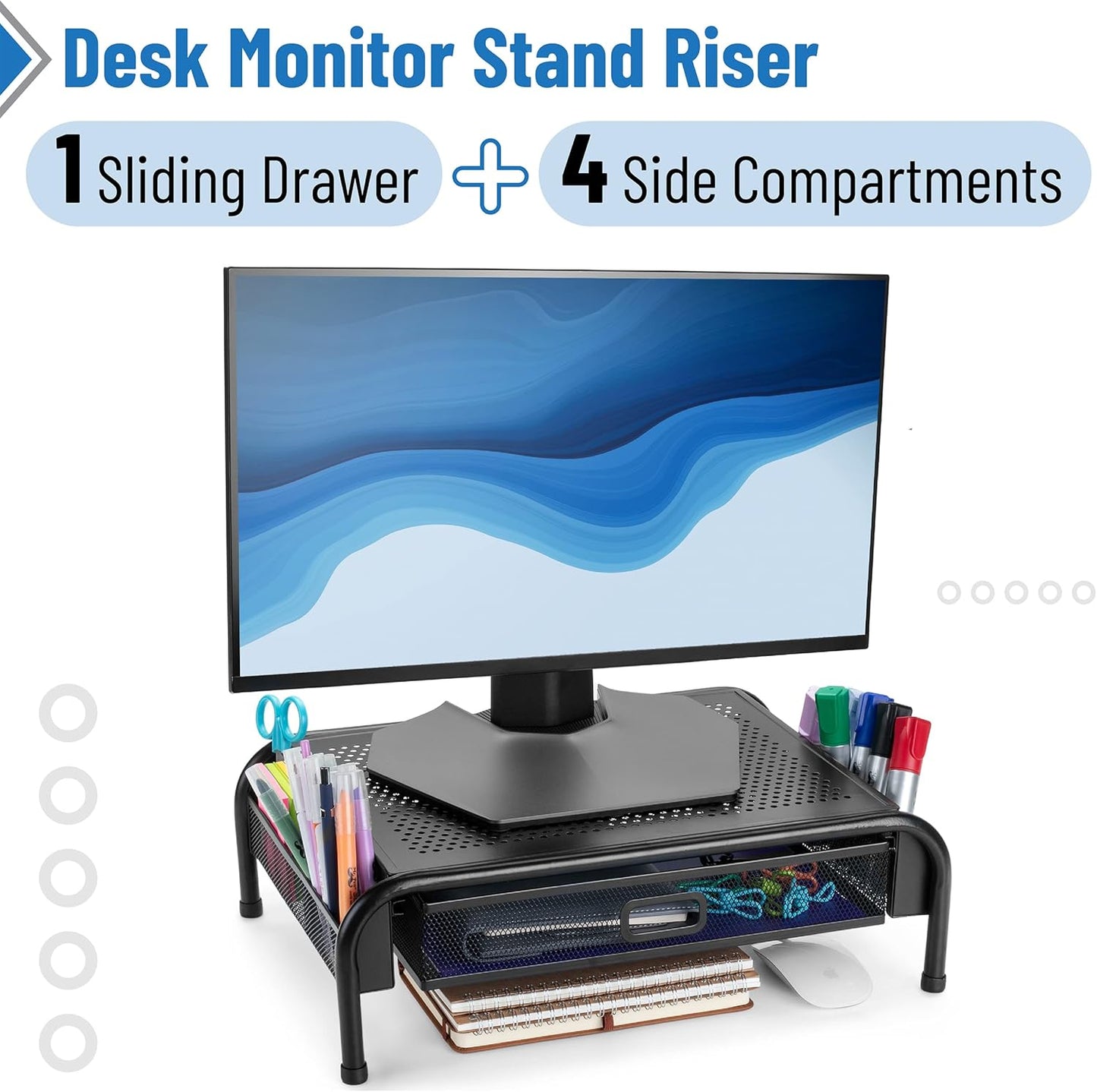 Metal Mesh Monitor Riser with Drawer - Desk Organizer for Optimal Viewing