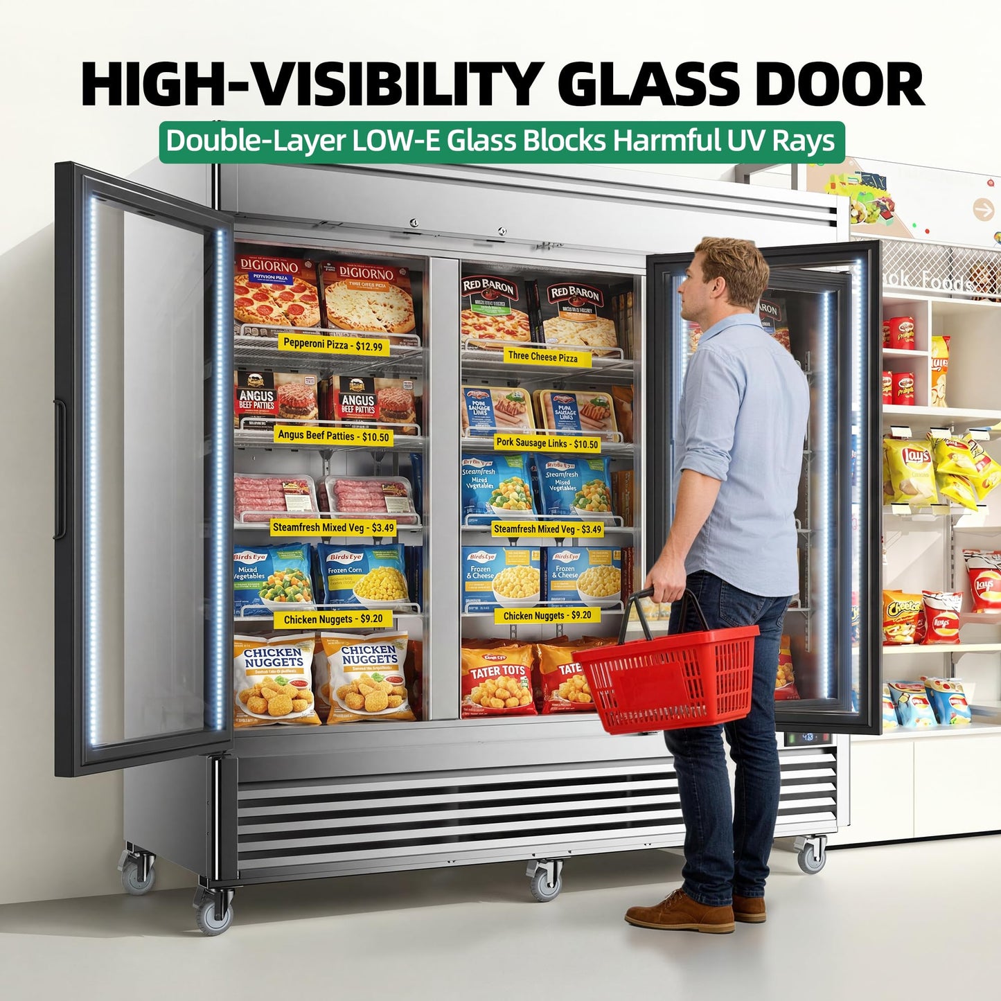 Coolski Commercial Display Freezer with 3 Glass Door, 47.2 Cu.ft. Upright Merchandiser Freezer for Ice Cream and Frozen Food, Adjustable Shelves, Auto Defrost, LED Lighting, ETL DOE Certified