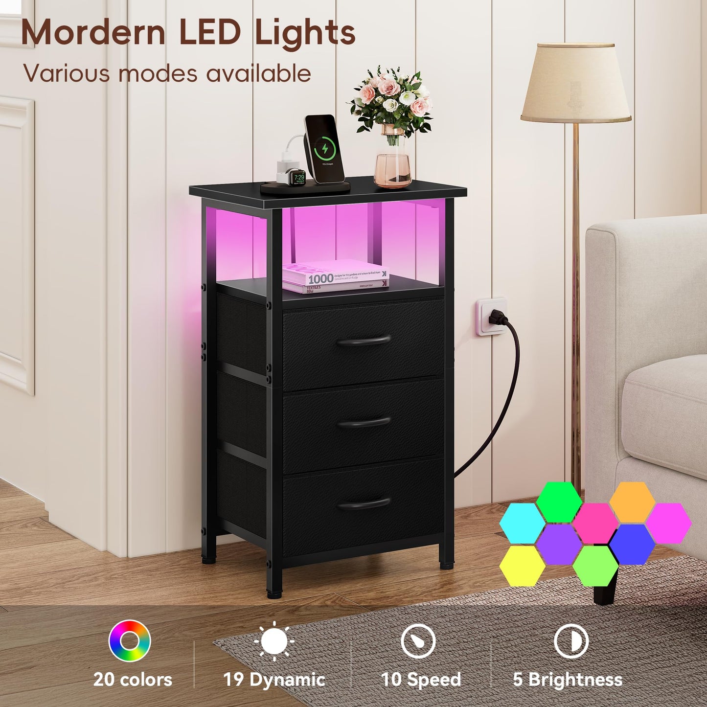 Vagusicc Night Stand Set 2 with Charging Station, LED Nightstand for Bedroom, Bedside Table with 3 Fabric Drawers, End Table Side Table with USB Ports & Outlets, Bed Side Table for Bedroom, Black