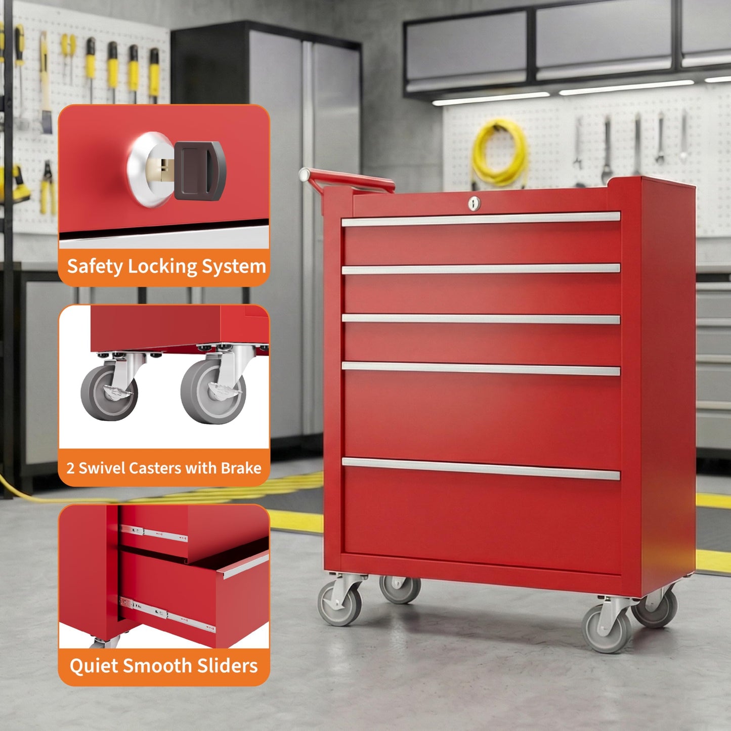 SierraSquad Rolling Tool Chest, 5-Drawer Tool Storage Cabinet, Tool Box with Wheels, Lock System and Drawer Liners, Tool Cart for Warehouse, Workshop and Repair Shop, Red