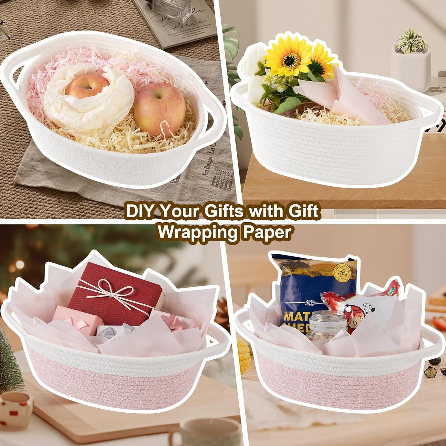 OIAHOMY Woven Gift Basket - Small 12"x8"x5" with Handle, Gift Bag, Ribbon & Tissue Paper - White Dog Toy Storage
