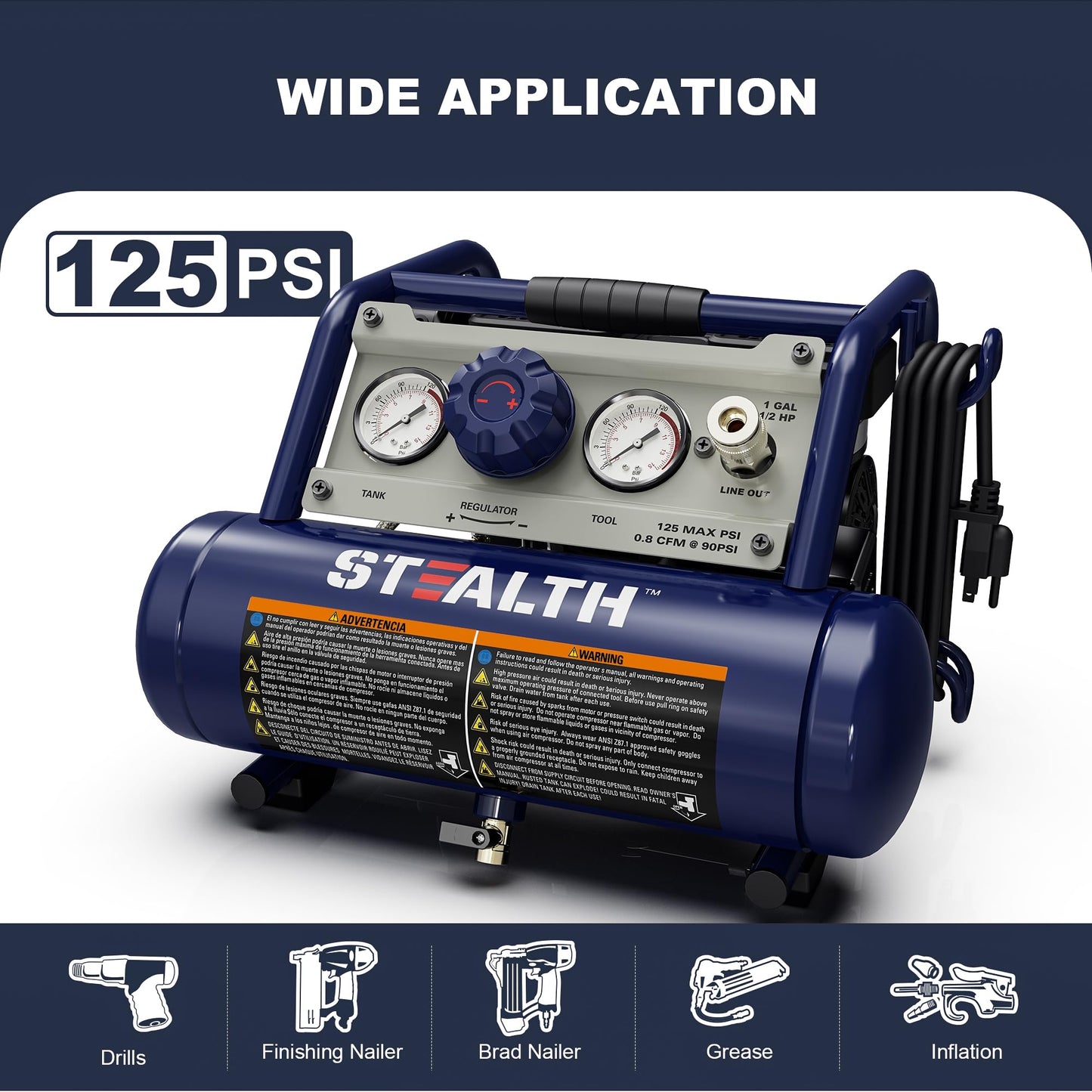 STEALTH Air Compressor 1 Gallon, 1/2HP Max 125 PSI, Induction Motor, 0.8 CFM@90PSI, 1.3 CFM@40PSI, Oil-Free Maintenance Free Light Weight Electric Air Tools for Drilling, Nailing, Grinding, SAUQ-1105