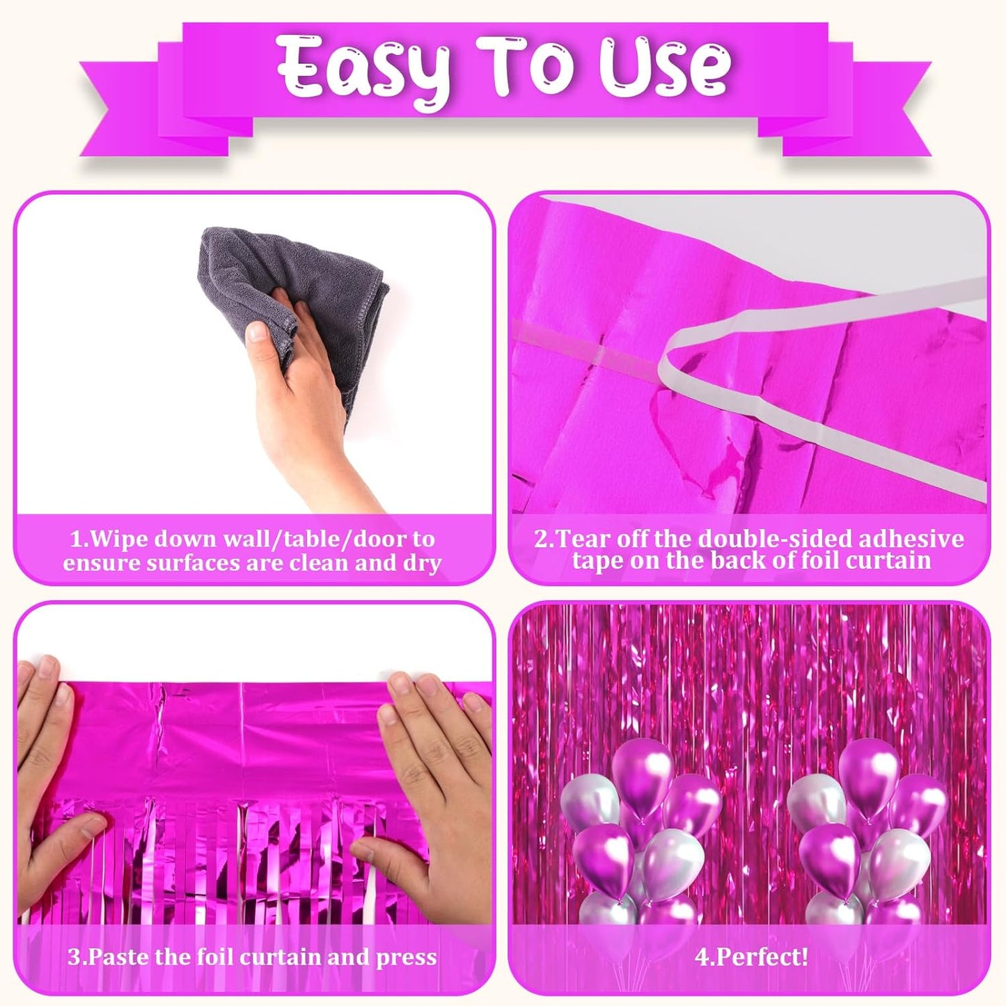 Voircoloria Pink Foil Fringe Backdrop Curtains - 3 Pack Tinsel Streamers for Parties & Events | 3.3x8.2 Feet