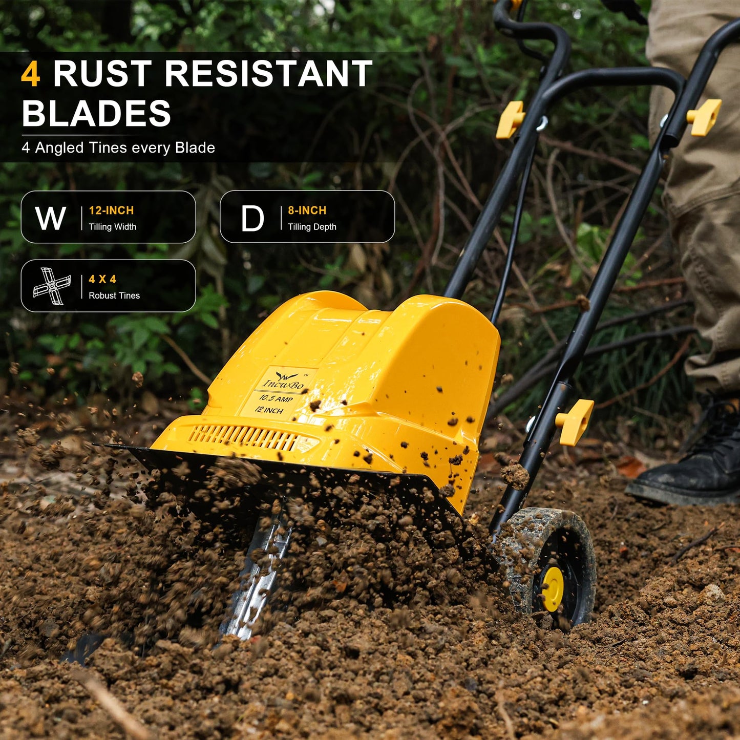 IncwBo Garden Rototiller 12-Inch 10.5-Amp Corded Electric Tiller/Cultivator, Adjustable Wheels, 8-Inch Tilling Depth, Powerful and Lightweight Tiller