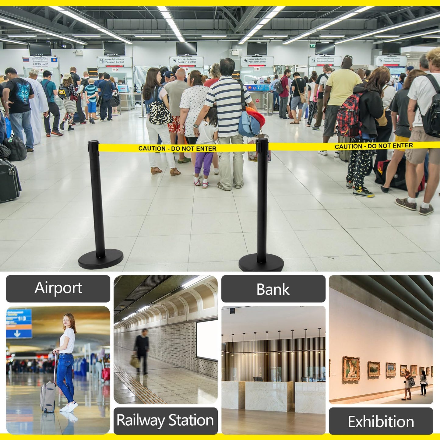 Therwen 6 Pack Heavy Duty Crowd Control Stanchions 9.8 ft Stainless Steel Stanchion Set with 6 Safety Barrier Post Retractable Belt and 1 Sign Holder Crowd Control Barrier(Caution Belt,Black)