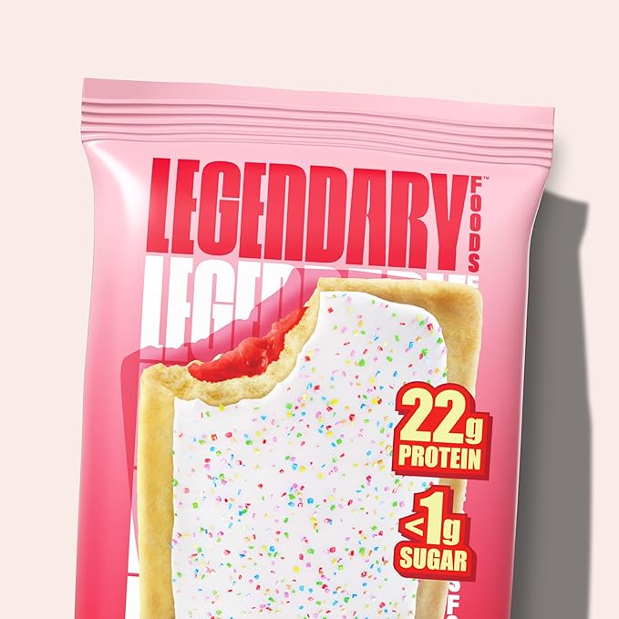 Legendary Foods 22g Protein Pastry+ Strawberry Low Carb Meal Replacement Bar, Low Glycemic, Gluten Free Protien Snacks - Healthy Keto Snack Box, 8x Zero Sugar Energy Bars - Bariatric Diabetic Friendly