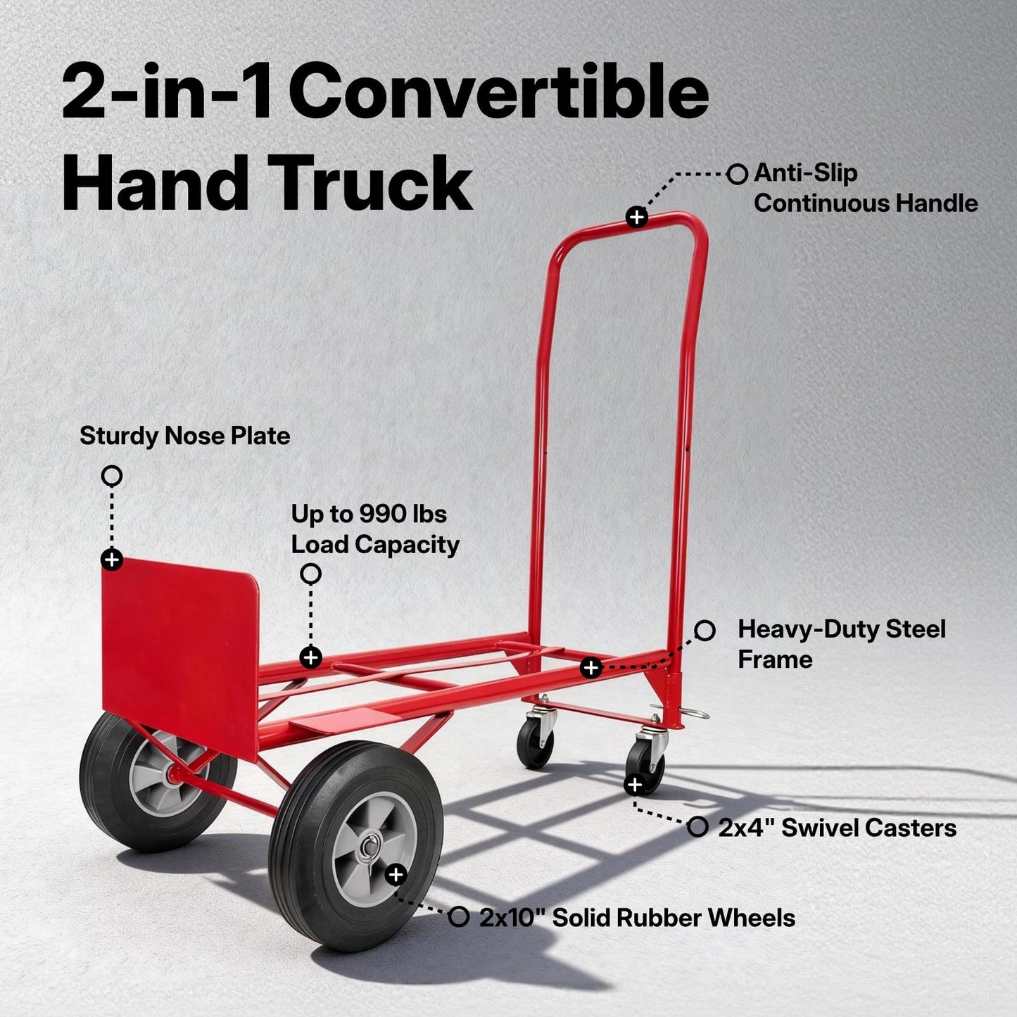 Heavy Duty 2-in-1 Convertible Hand Truck and Platform Cart, 990 lbs Capacity, Steel Frame, 10" Solid Rubber Wheels, Folding Dolly with Beveled Nose Plate for Easy Transport