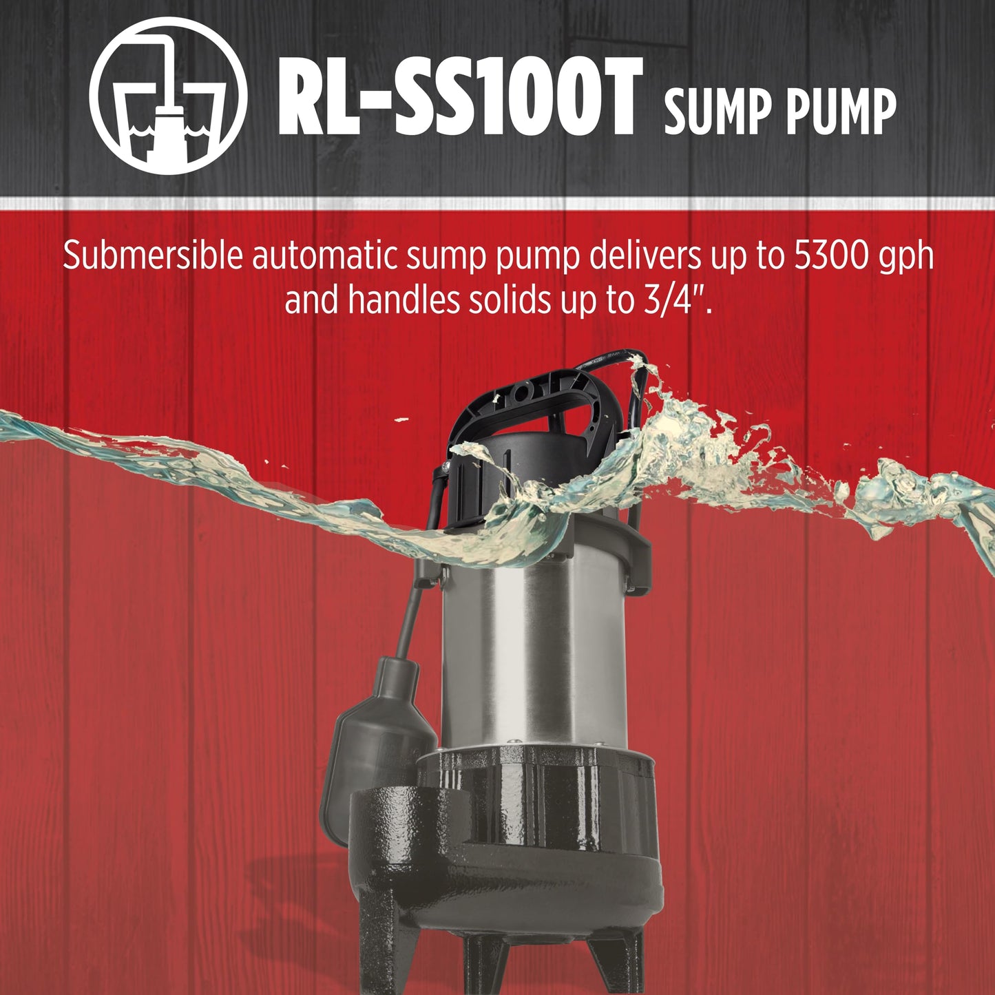 Red Lion RL-SS100T 115 Volt, 1 HP, 5300 GPH Premium Submersible Stainless Steel Sump Pump with Tethered Switch and 20-Ft. Cord, Black, 14942782