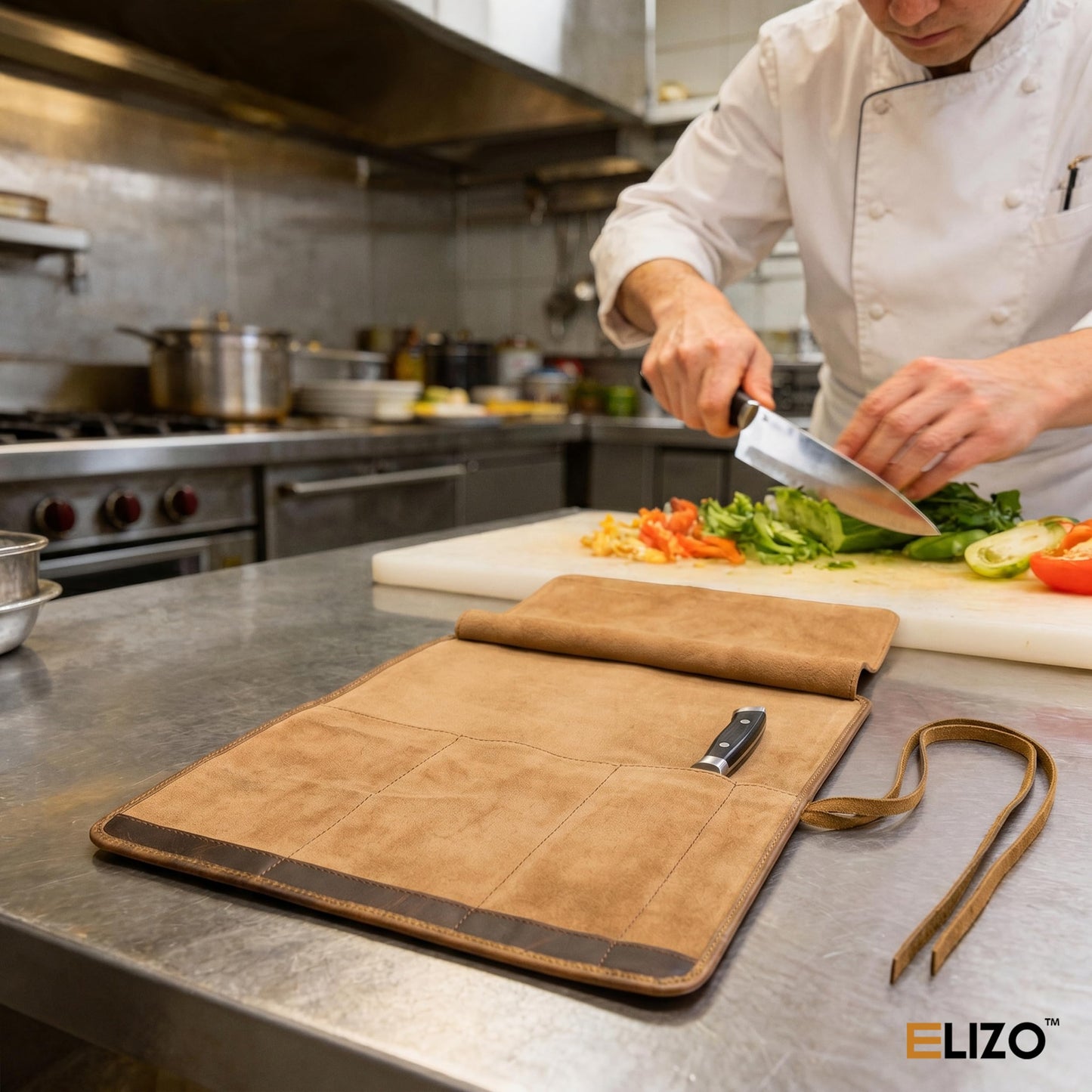 ELIZO Leather Knife Roll Bag Professional Chef Knife Case, Durable Knife Sheath Holder, Cooks & Culinary Tools Carrying Storage, Portable Knife Wrap - 4 Slots