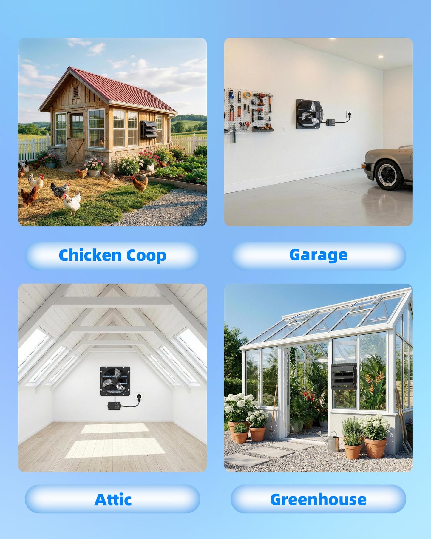 Ehiair 10 Inch Upgraded Shutter Exhaust Fan with Thermostat & Remote Control, Automatic On/Off by Temperature, 890 CFM Wall Mounted Garage Fan for Attic, Greenhouses, Sheds, Chicken Coops & Shops