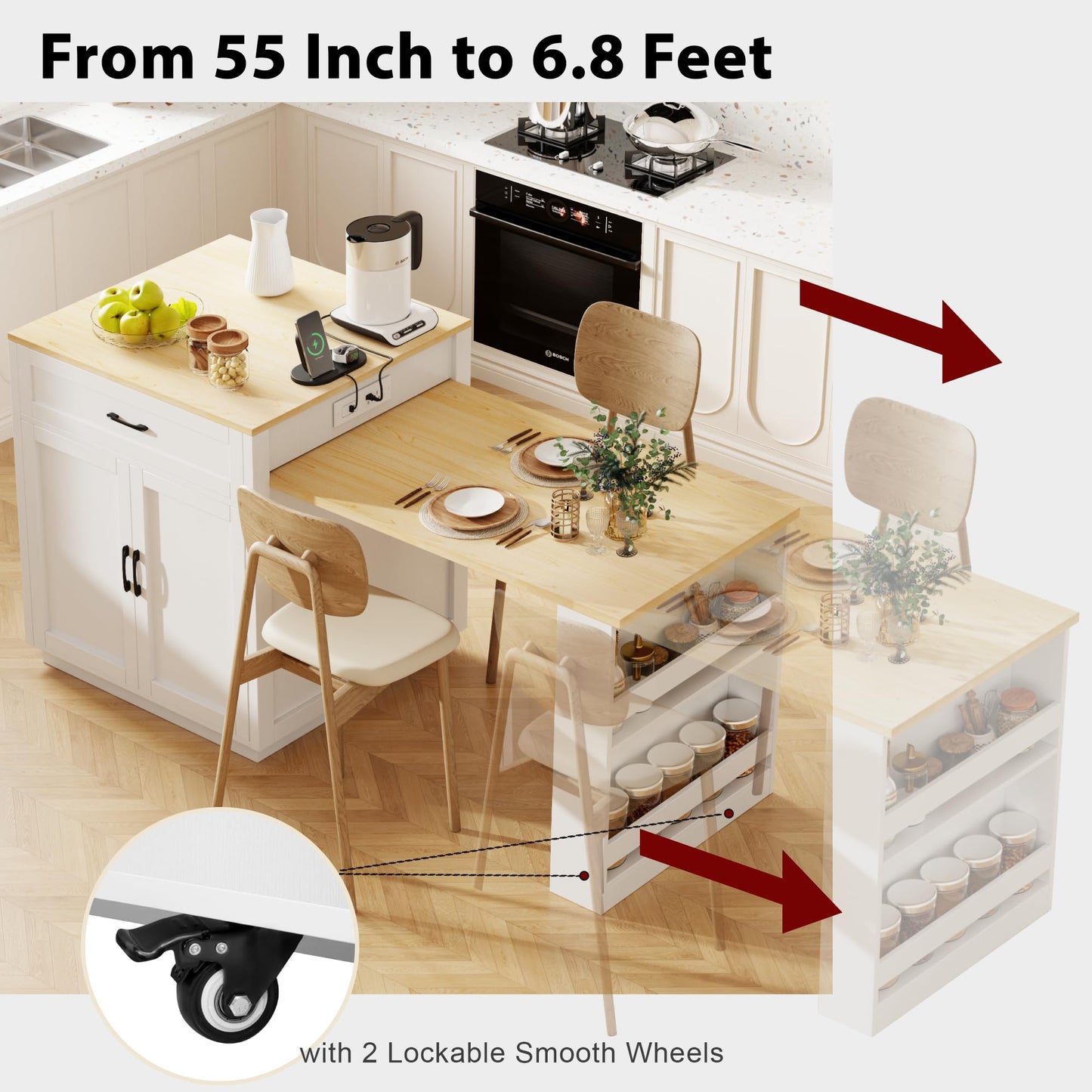 MEETFAV 82.7" Kitchen Island with Extendable Dining Table, Modern Stationary Island Table with Double-Sided Storage, Power Outlet, 2 Drawers and Side Shelves for 4-6