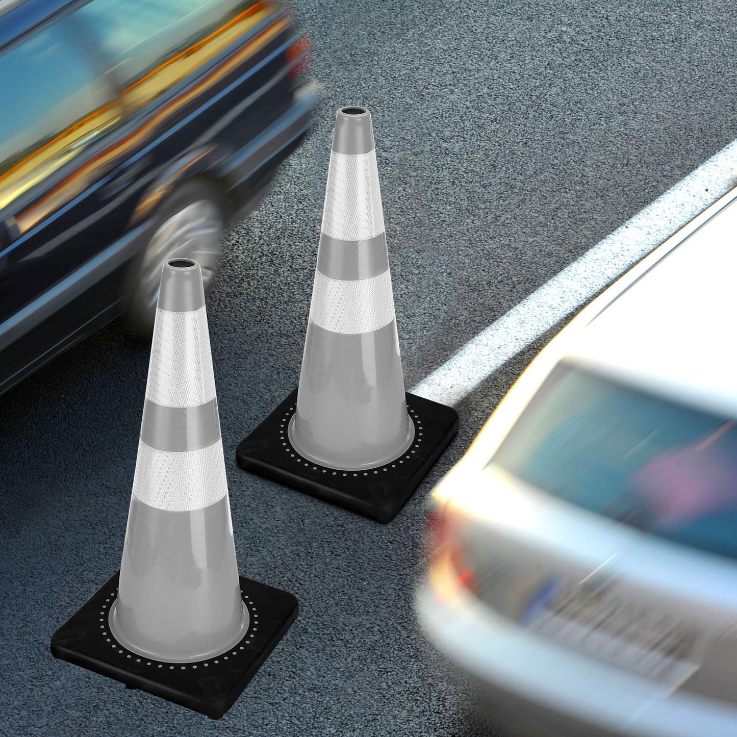 Copkim 6 Pcs Traffic Safety Cones Plastic PVC Traffic Cones with Black Base and Reflective Collars Driving Cones for Street Hazards, Training, Road Construction, Parking Lot (White,28 Inch)