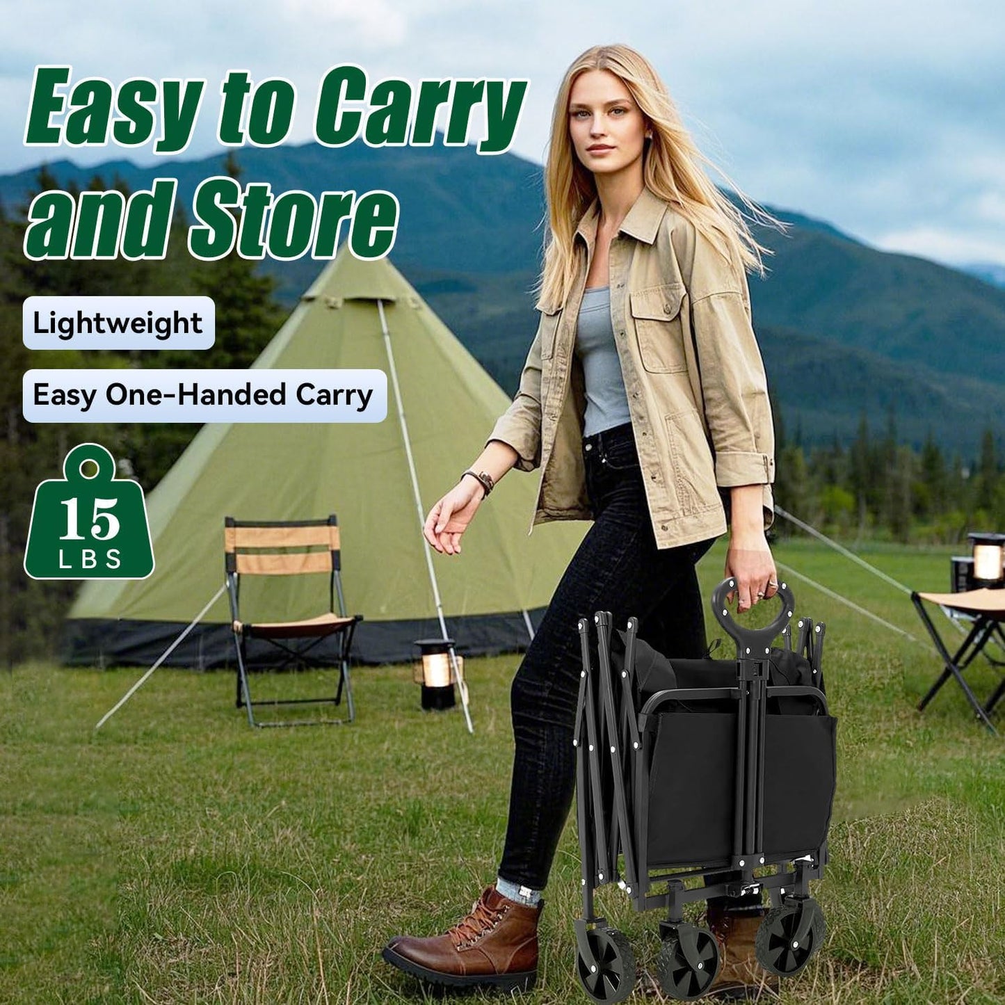 Joxir Collapsible Wagon Cart Foldable 37" L 480lbs Capacity, Heavy Duty Beach Wagon, Shopping Carts with Wheels for Grocery, Camping, Shopping, Fishing, Garden Cart