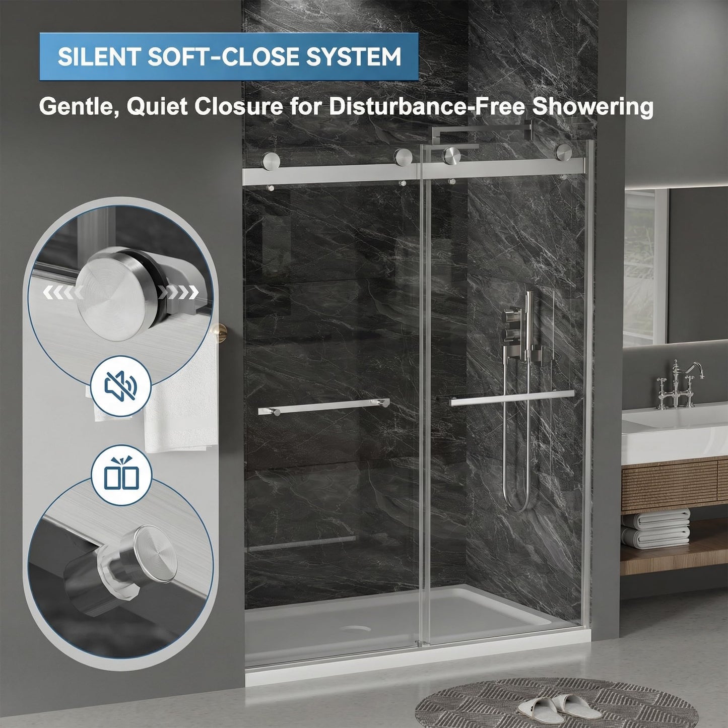 Findepot 56"-60" W x 75" H Frameless Shower Door, Double Sliding Shower Door,5/16"(8mm) Clear Tempered Glass,Silent Soft-Close Design,Brushed Nickel