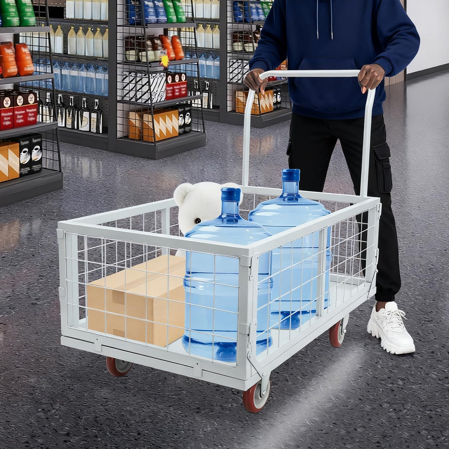 banborba Platform Truck Cart with Cage, 4-in-1 Heavy Duty Flatbed Cart, 2200lbs Capacity Hand Truck, Multi-Purpose Push Cart Dolly with 7" Casters for Groceries, Garage, Warehouse