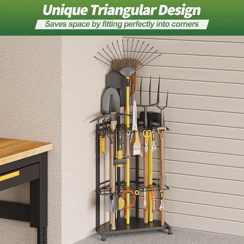Garden Tool Organizer - Heavy Duty Metal Rack with 34 Compartments & 14 Hooks for Efficient Storage