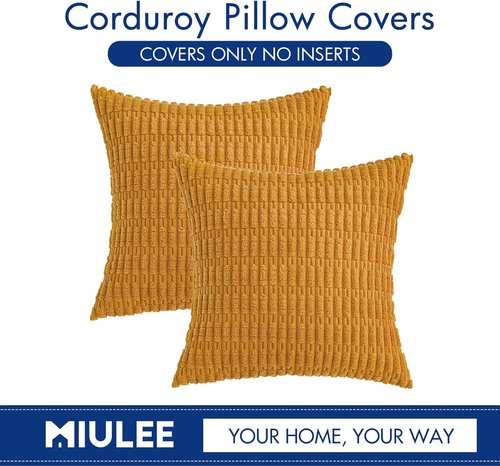 MIULEE Corduroy Throw Pillow Covers - Soft Boho Striped Design | 16x16 Inch, Gold Yellow for Modern Home Decor