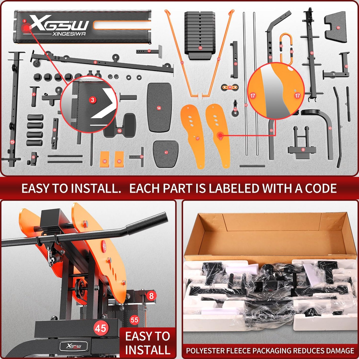 XGSW Multi-Function Home Gym Workout Station, Featuring a Pulley System, arm Trainer, and Leg Trainer for Full-Body Workouts. (L03-1 Single-Person Training Station)