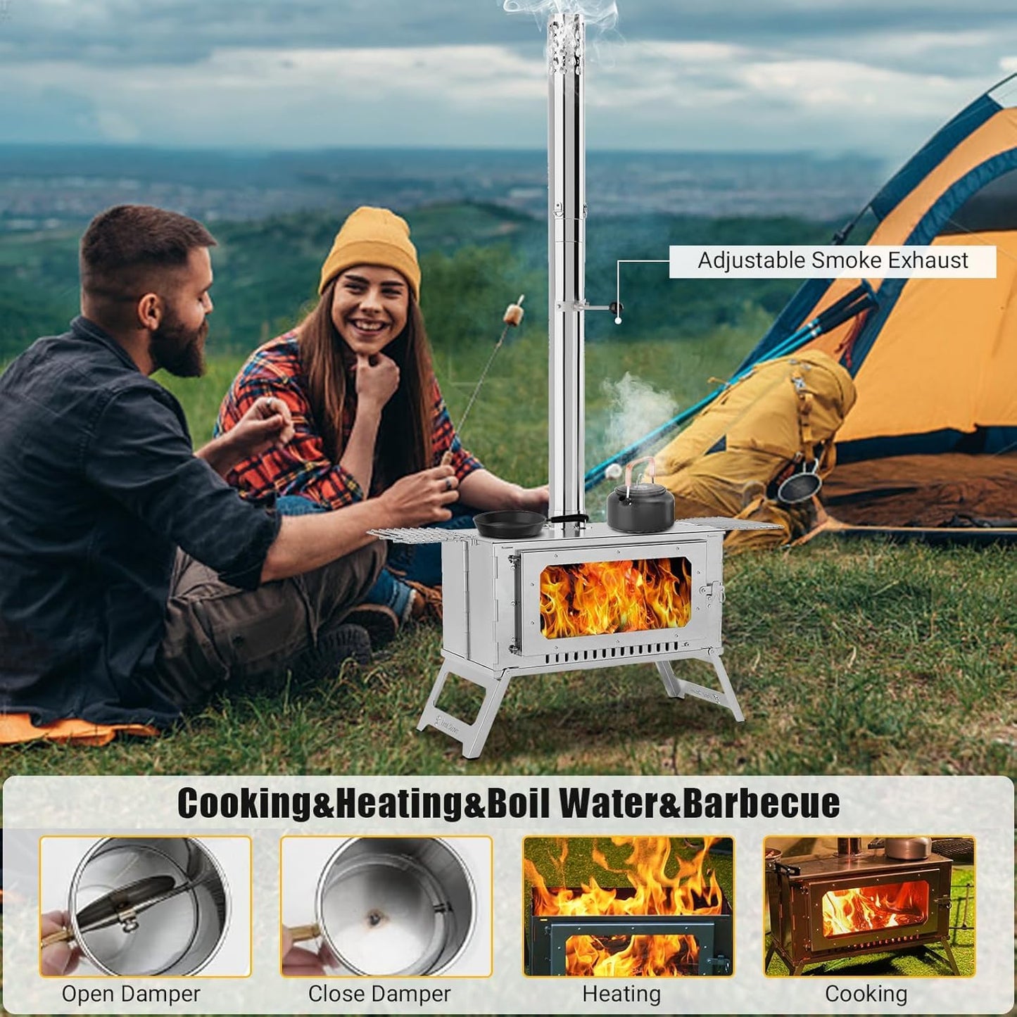 Stainless Steel Camping Tent Stove with Pipe & Bag, Portable Wood Burning Stove for Outdoor Cooking, Hot Tent, Backpacking, Firewood, Folding Camp Wood Stove for Camping with Grill