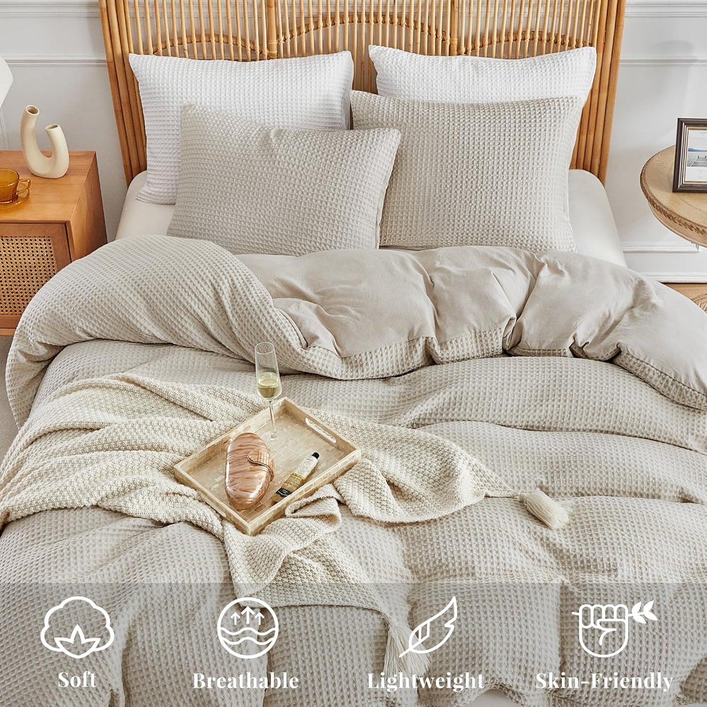 WARMDERN Waffle Weave Duvet Cover Set - Soft & Breathable Queen Size Bedding in Khaki | 3-Piece Microfiber Set