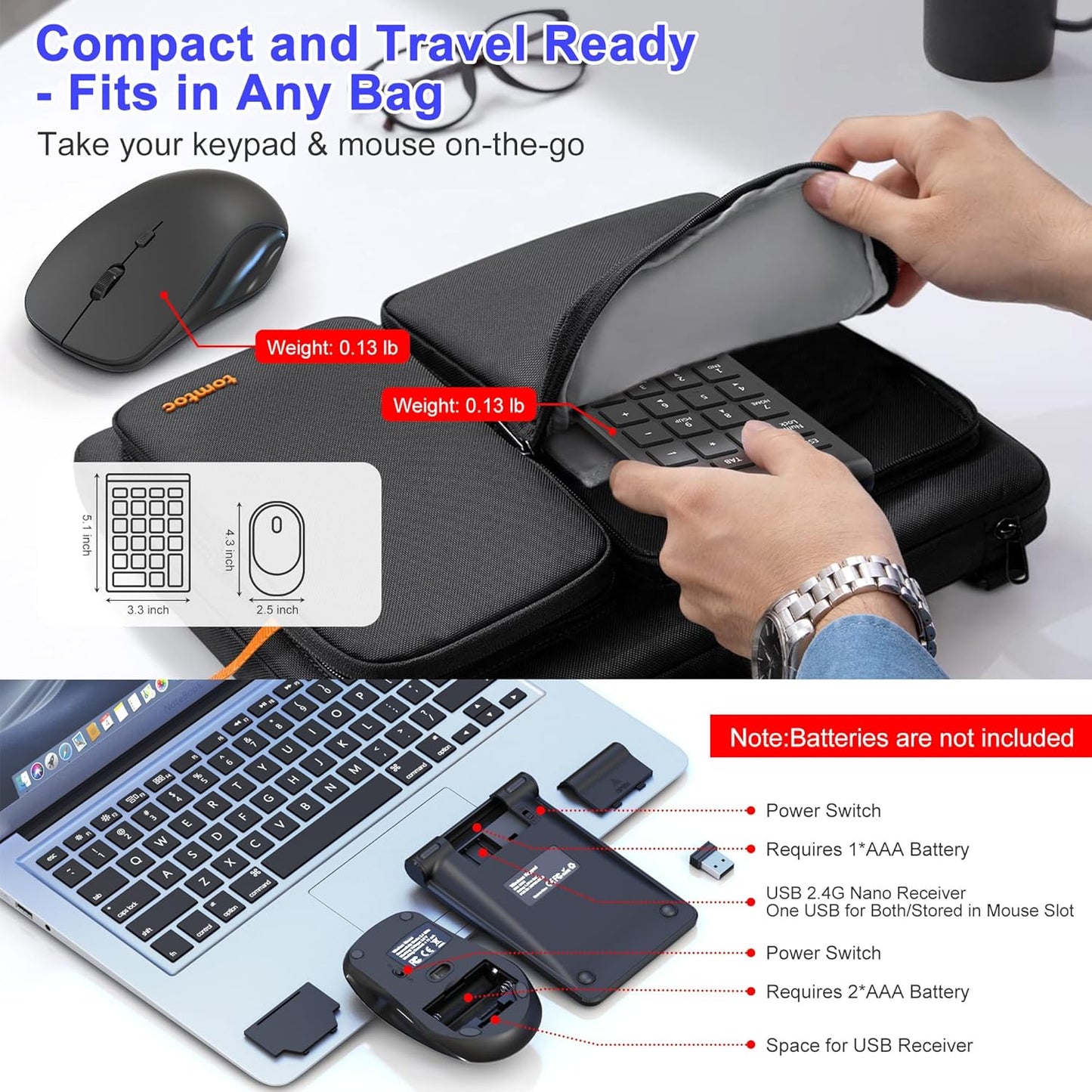 Tioleje 22 3 2.4GHz Set Wireless Mouse and Number Pad Combo - Key USB Keypad and Adjustable DPI Silent Mouse, Ultra