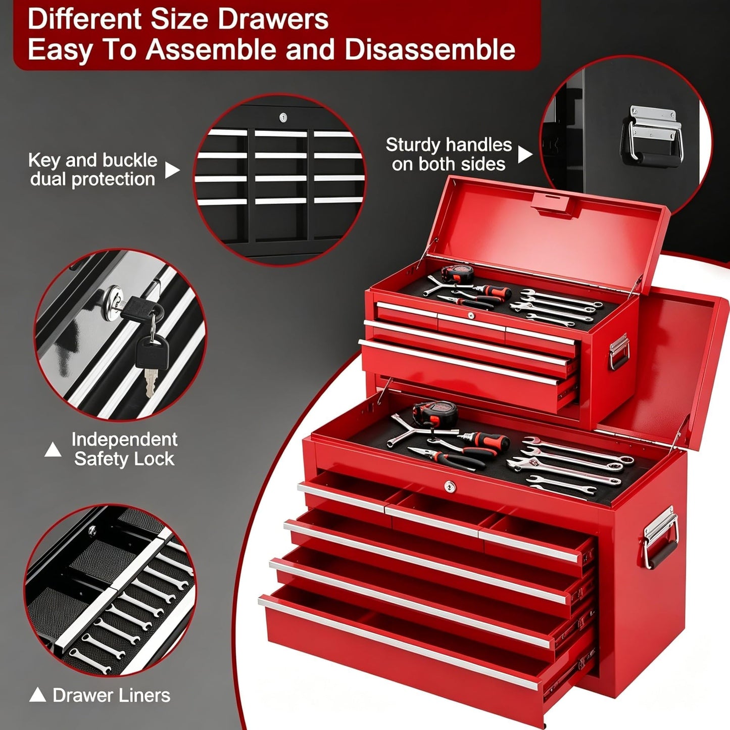 Rolling Tool Chest with Wheels, 24 Inch 8 Drawer 2-in-1 Detachable Tool Box and Cabinet, Lockable Cold Rolled Steel Tool Storage Organizer, Top 6 Drawers Bottom Cabinet 2 Drawers 1 Door, Red
