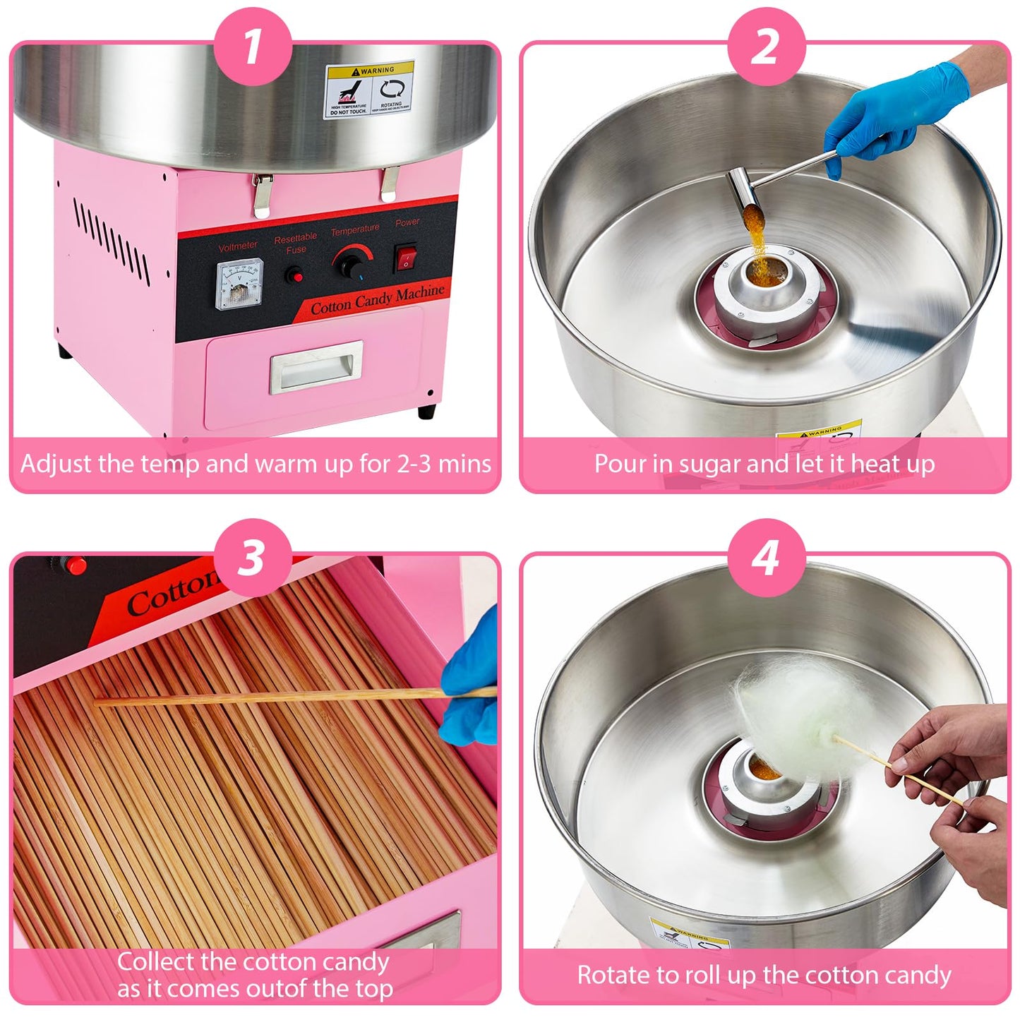 GarveeTech Commercial Cotton Candy Machine with Cart - Pink Cotton Candy Machine With Stainless Steel Bowl, Sugar Scoop, Drawer. Ideal for Family Party Fun(Without lid)