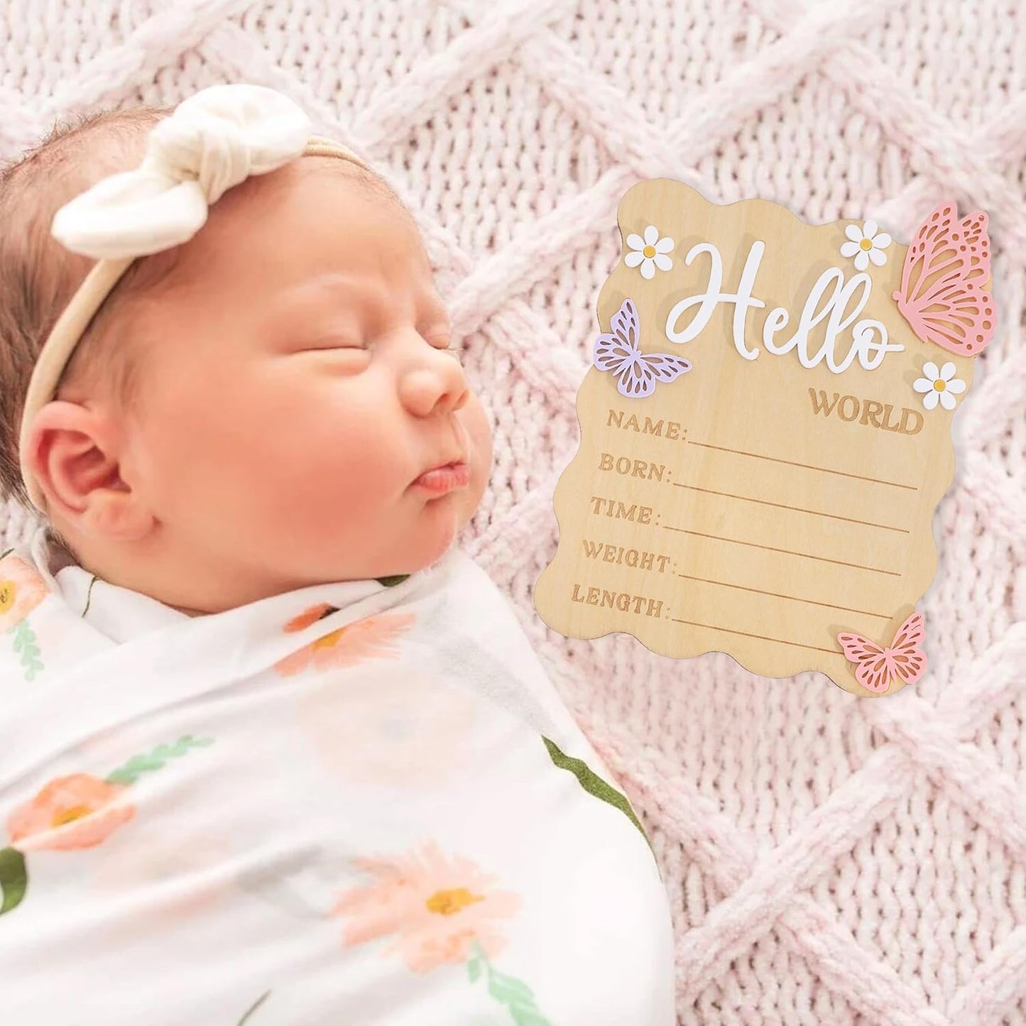 TERJIO Butterfly Daisy Hello World Board - Little Butterfly Birth Announcement Sign,Wooden Hello World Card