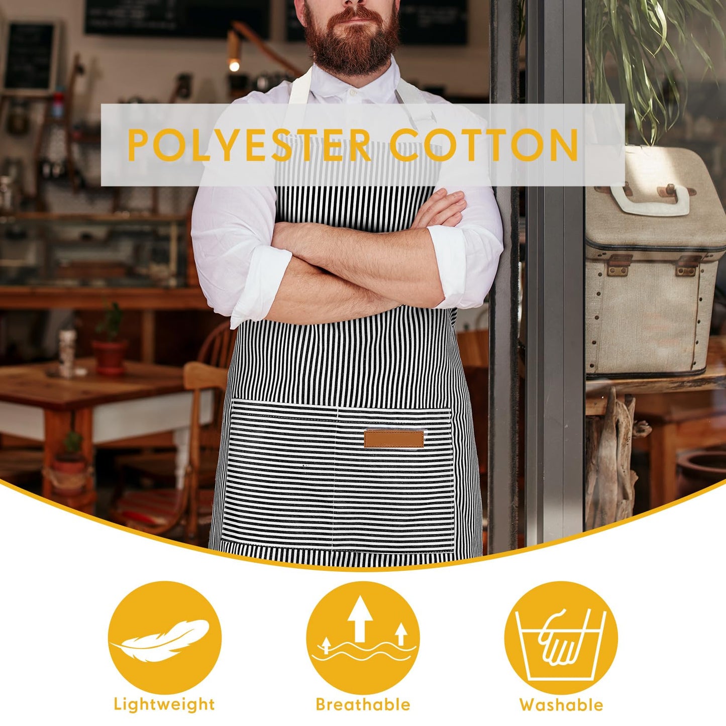 Handepo 4 Pcs Kitchen Aprons with Pockets Adjustable Waterproof Cotton Aprons Striped Apron for Women Men Chef Gift for Dad(Narrow Stripes,Black)