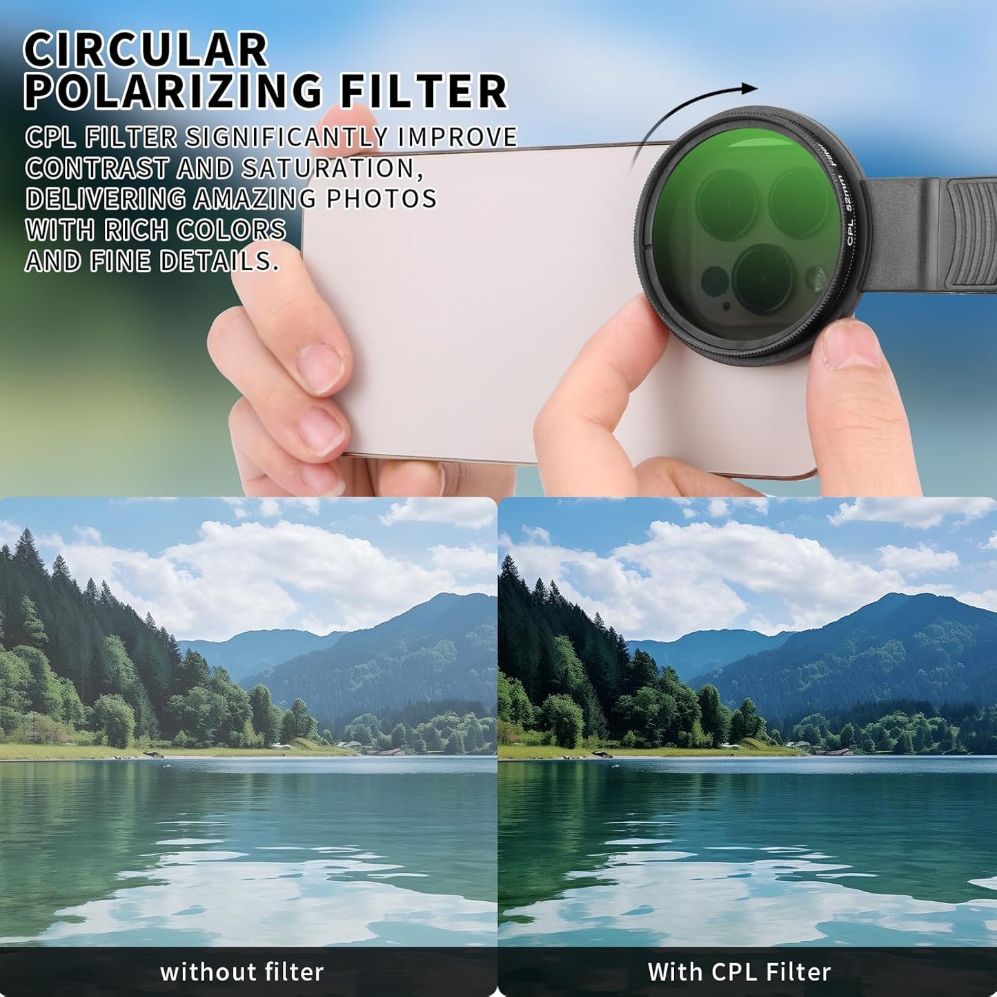 Beysfilter 52MM 16 15 14, CPL Filter for Phone, Clip-on Circular Polarizing Lens, HD Multi-Coated Optical Glass, Camera