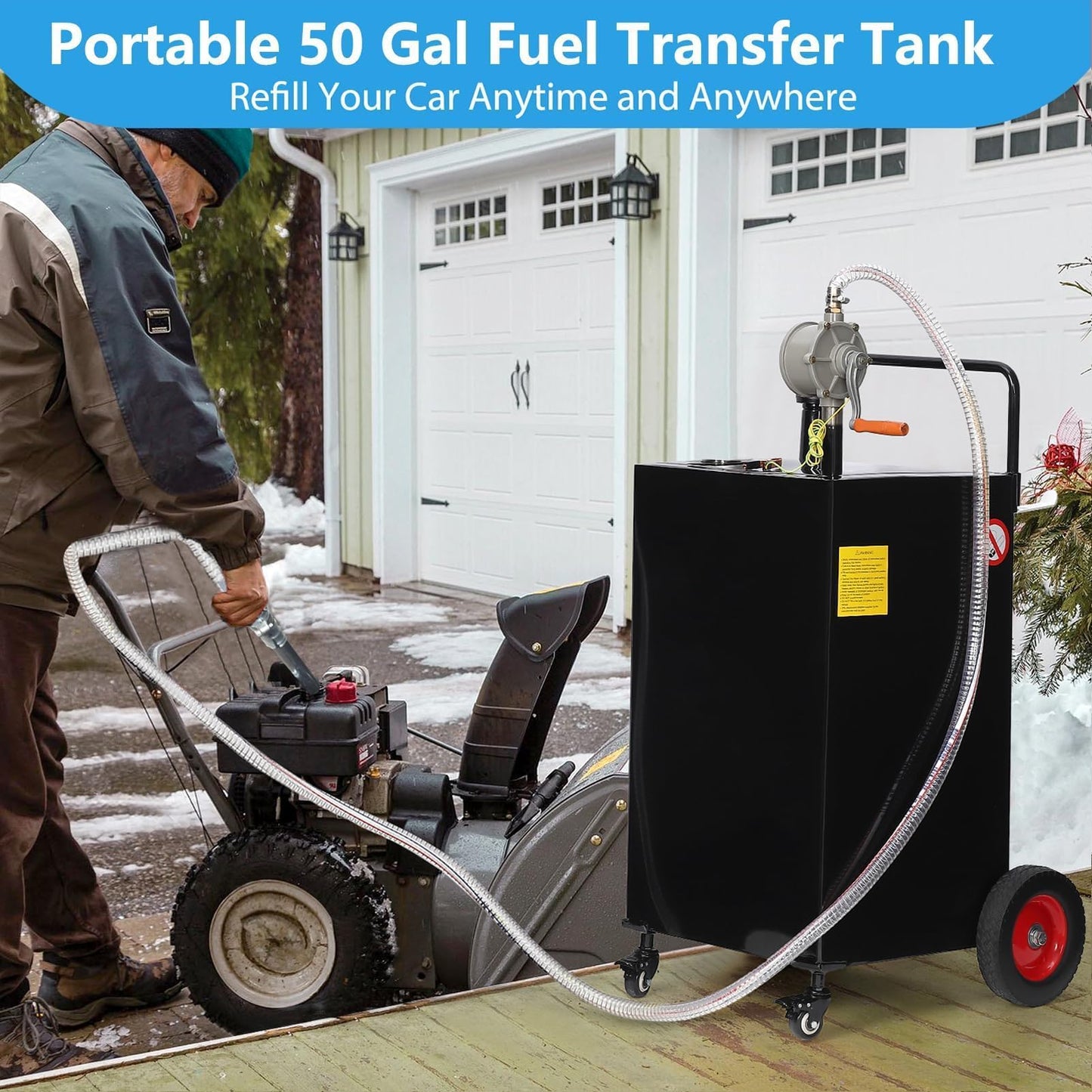 Portable Fuel Transfer Tank, 50 Gallon Heavy-Duty Fuel Caddy with Manual Pump & 4 Wheels, Spill-Proof Gas/Diesel Container for Secure Transport to Tractor, Boat, Truck, Black
