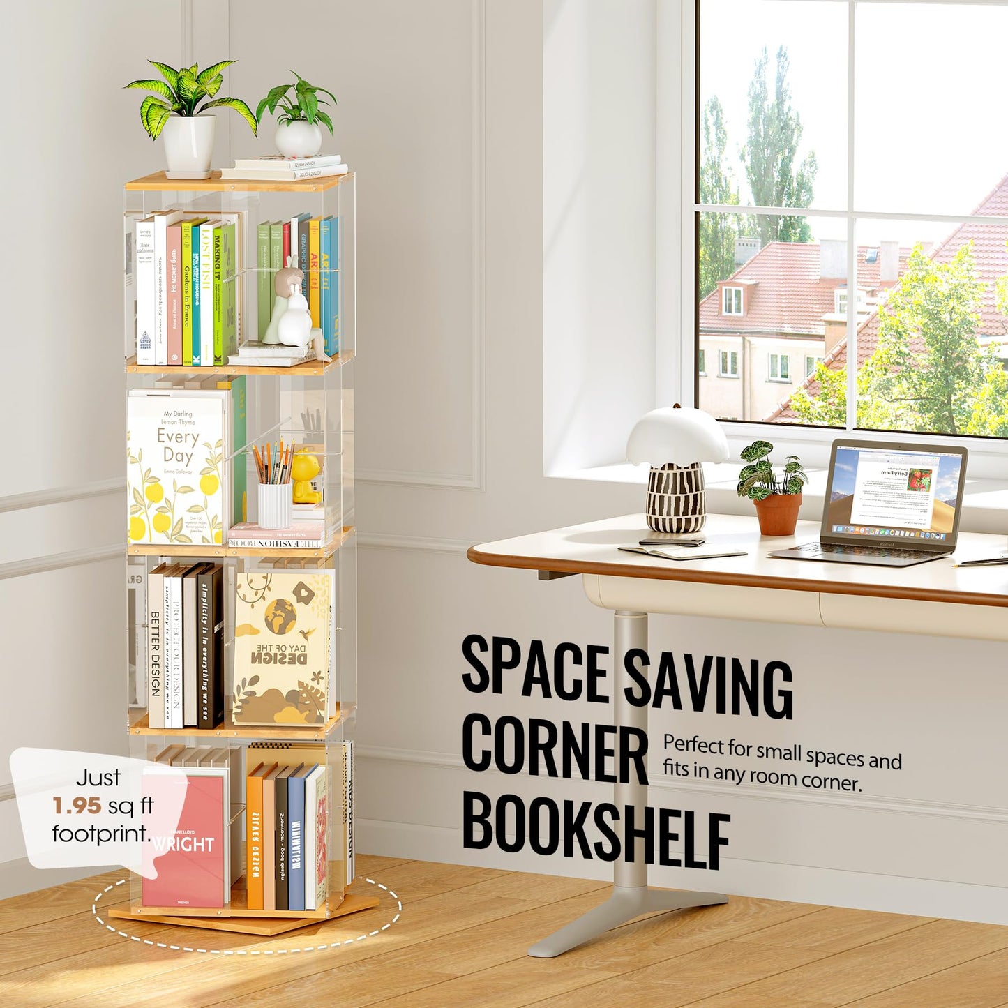 TAKEKIT Rotating Bookshelf, 360 Degree Revolving Bookcase, 4-Tier Spinning Bookshelf, Clear Acrylic & Solid Wood Rotating Bookcase for Kid’s Playroom, Bedroom and Living Room, Square
