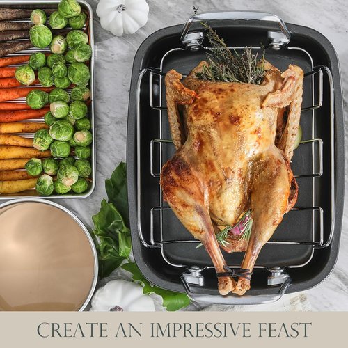 KITESSENSU Nonstick Turkey Roasting Pan - Heavy Duty 17 x 14 Inch Chicken Roaster with Rack - Gold Finish