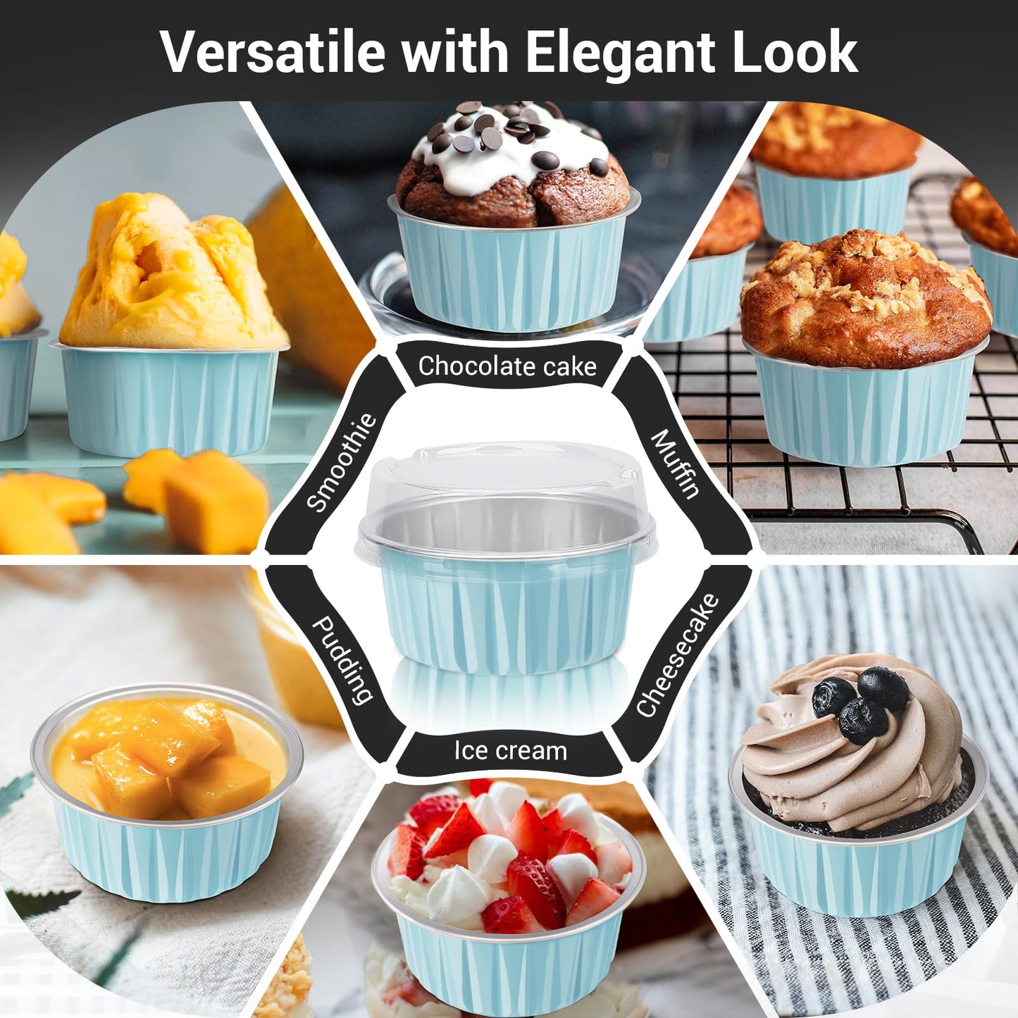 EUSOAR Aluminum Pans with Lids, 30pcs 5oz 125ml Disposable Aluminum Foil Muffin Liners Ramekins Cupcake Baking Cups, Disposable Foil Baking Cups Containers Mini Pie Creme Brulee Pans