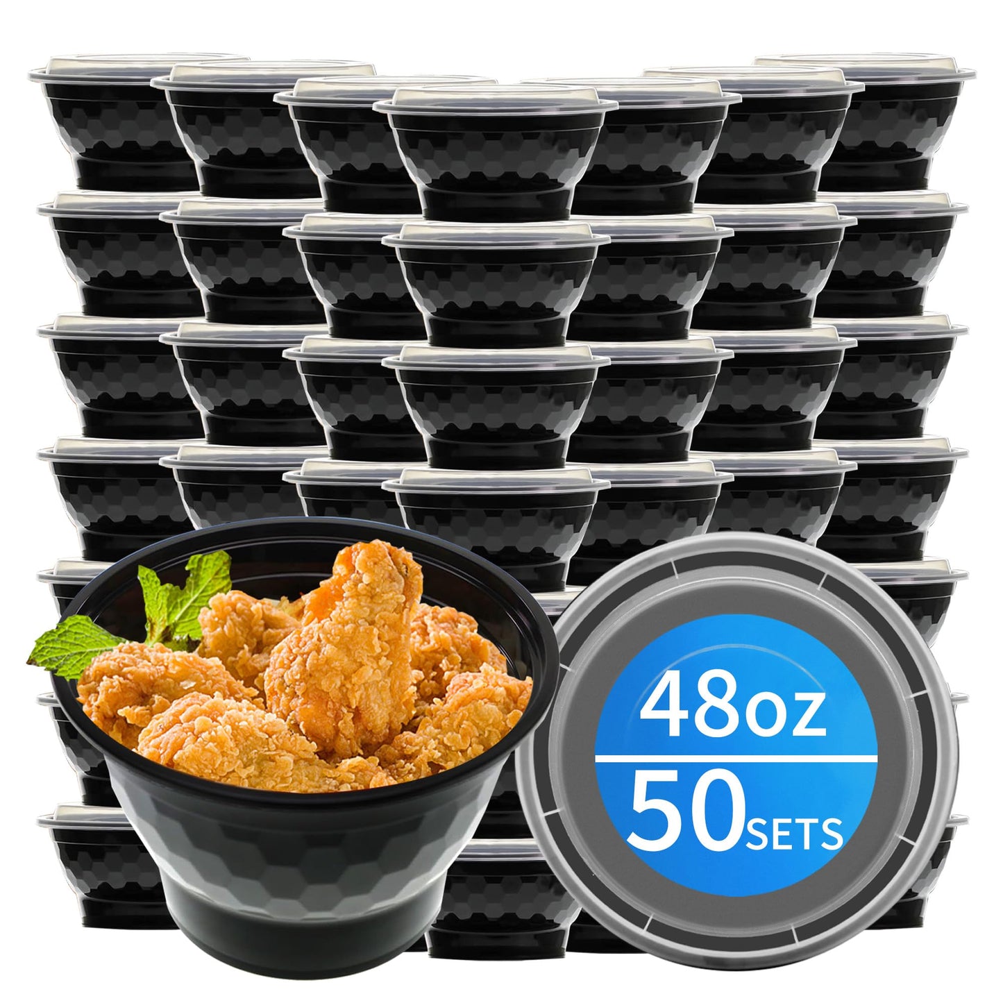 Apsic Meal Prep Bowls Containers, 50 Sets 48oz (100-Piece) Plastic Bowls with Lids for Soup Salad, Disposable To Go Food Storage Container, Round Lunch Box, BPA Free, Microwave/Dishwasher/Freezer Safe